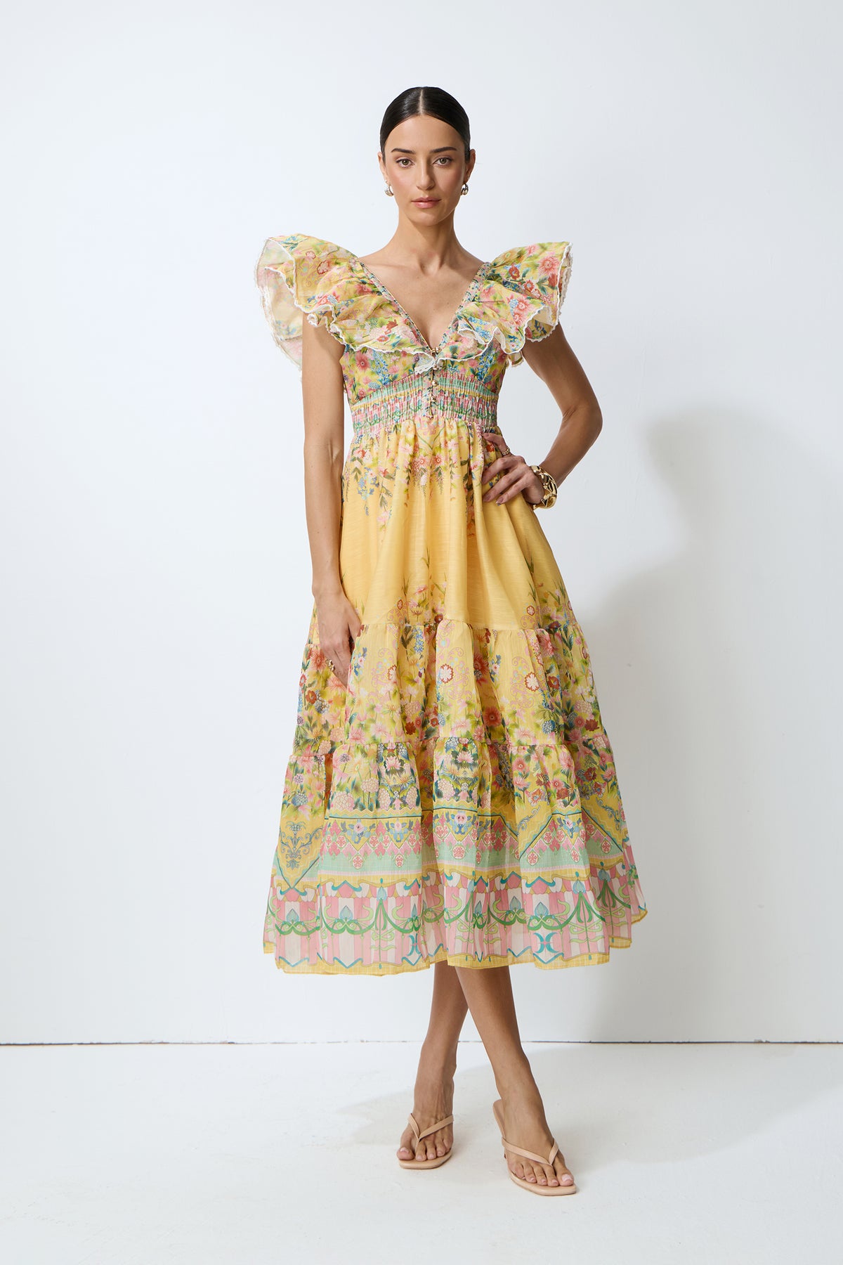 Keep The Feeling Yellow Floral Print Ruffle Flutter Sleeve Midi Dress