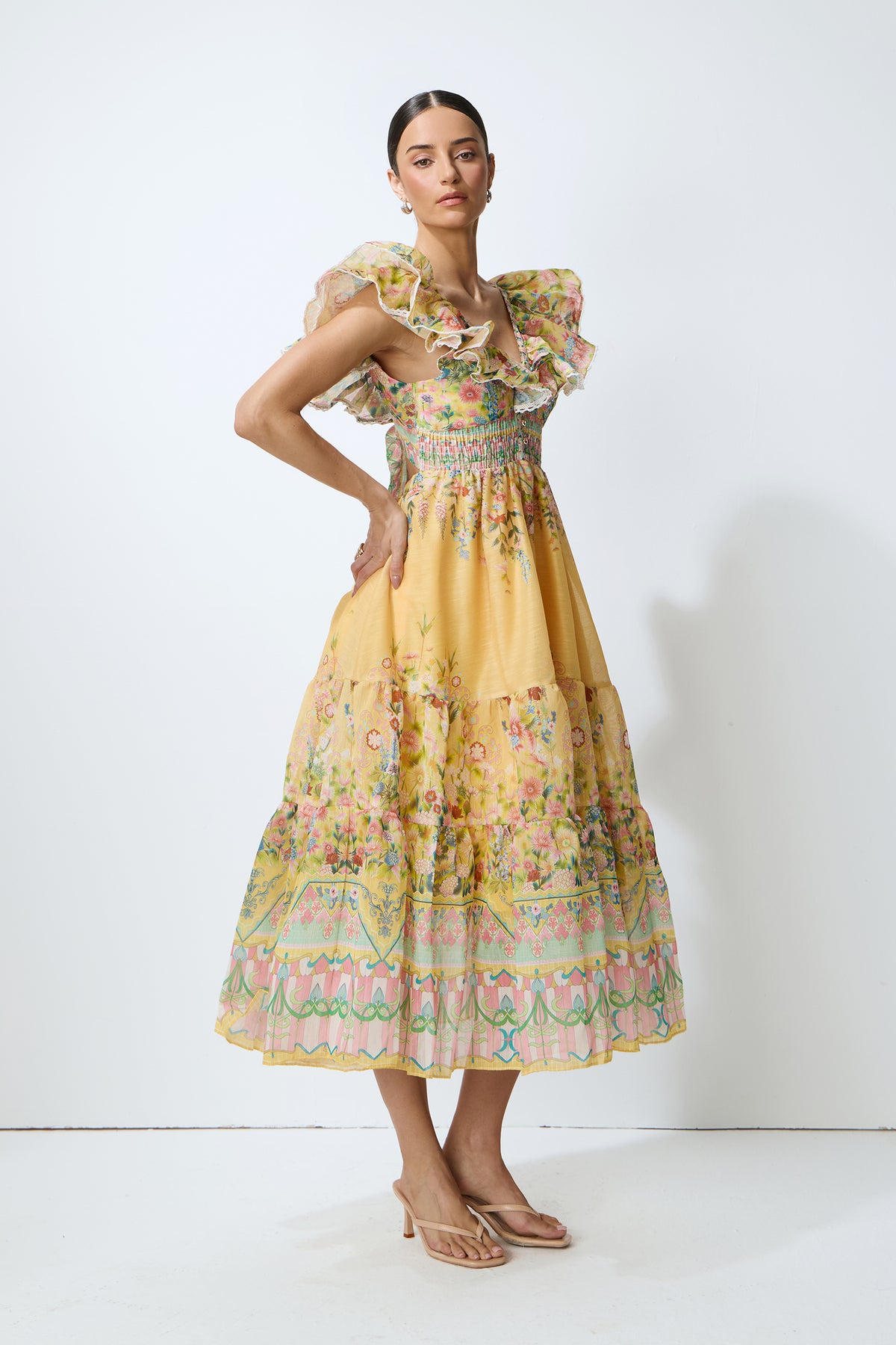 Keep The Feeling Yellow Floral Print Ruffle Flutter Sleeve Midi Dress