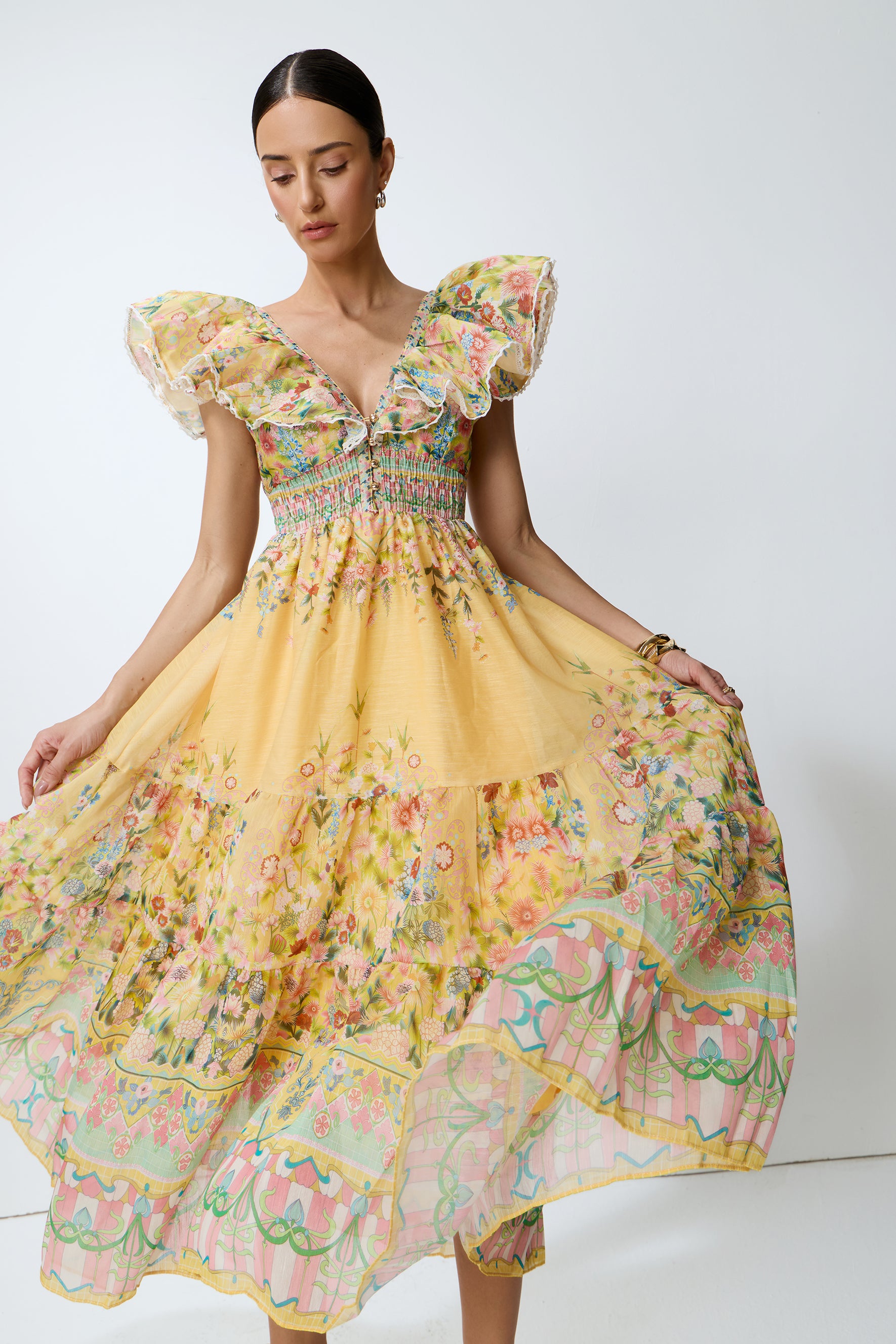 Keep The Feeling Yellow Floral Print Ruffle Flutter Sleeve Midi Dress