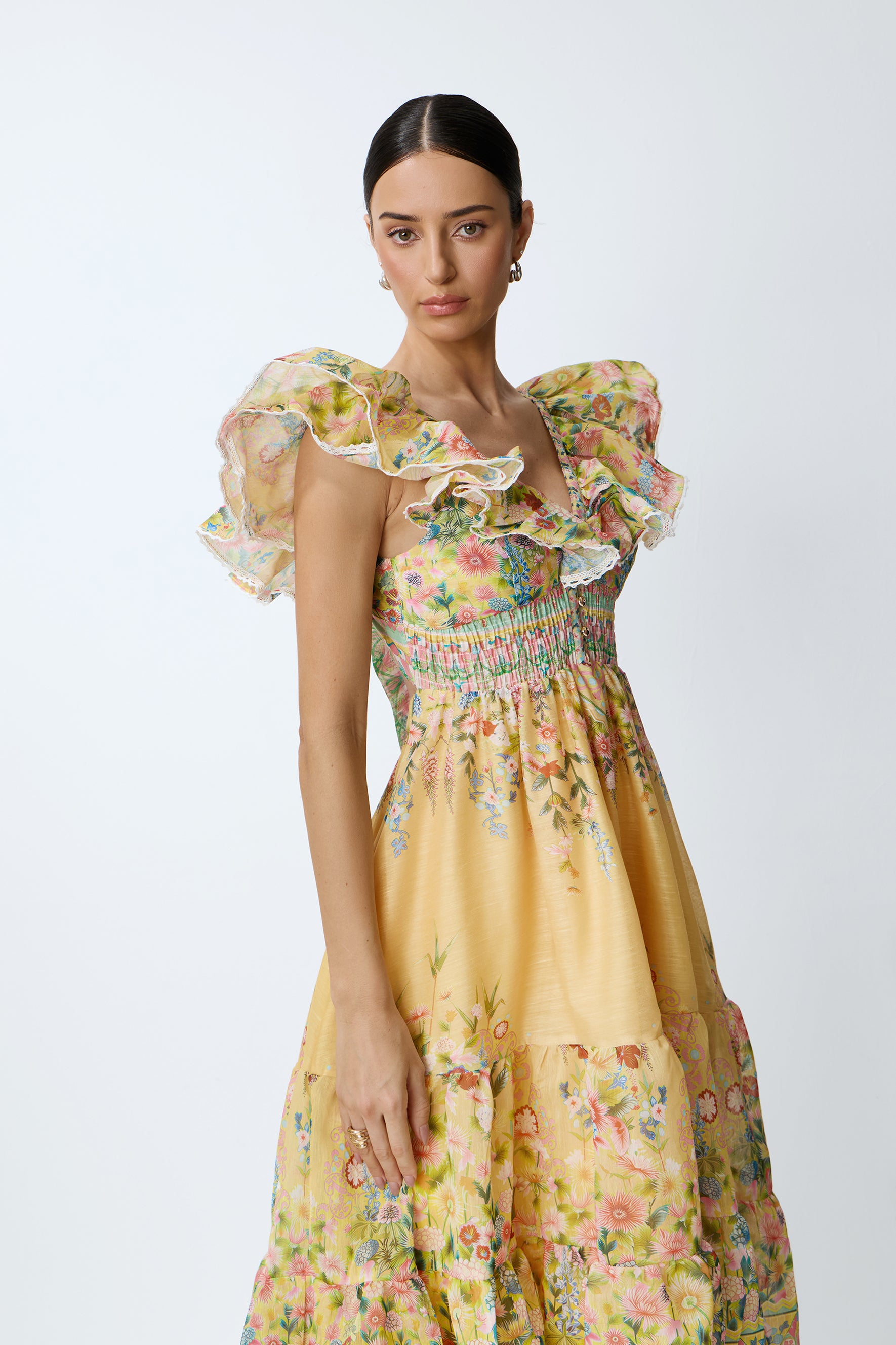 Keep The Feeling Yellow Floral Print Ruffle Flutter Sleeve Midi Dress