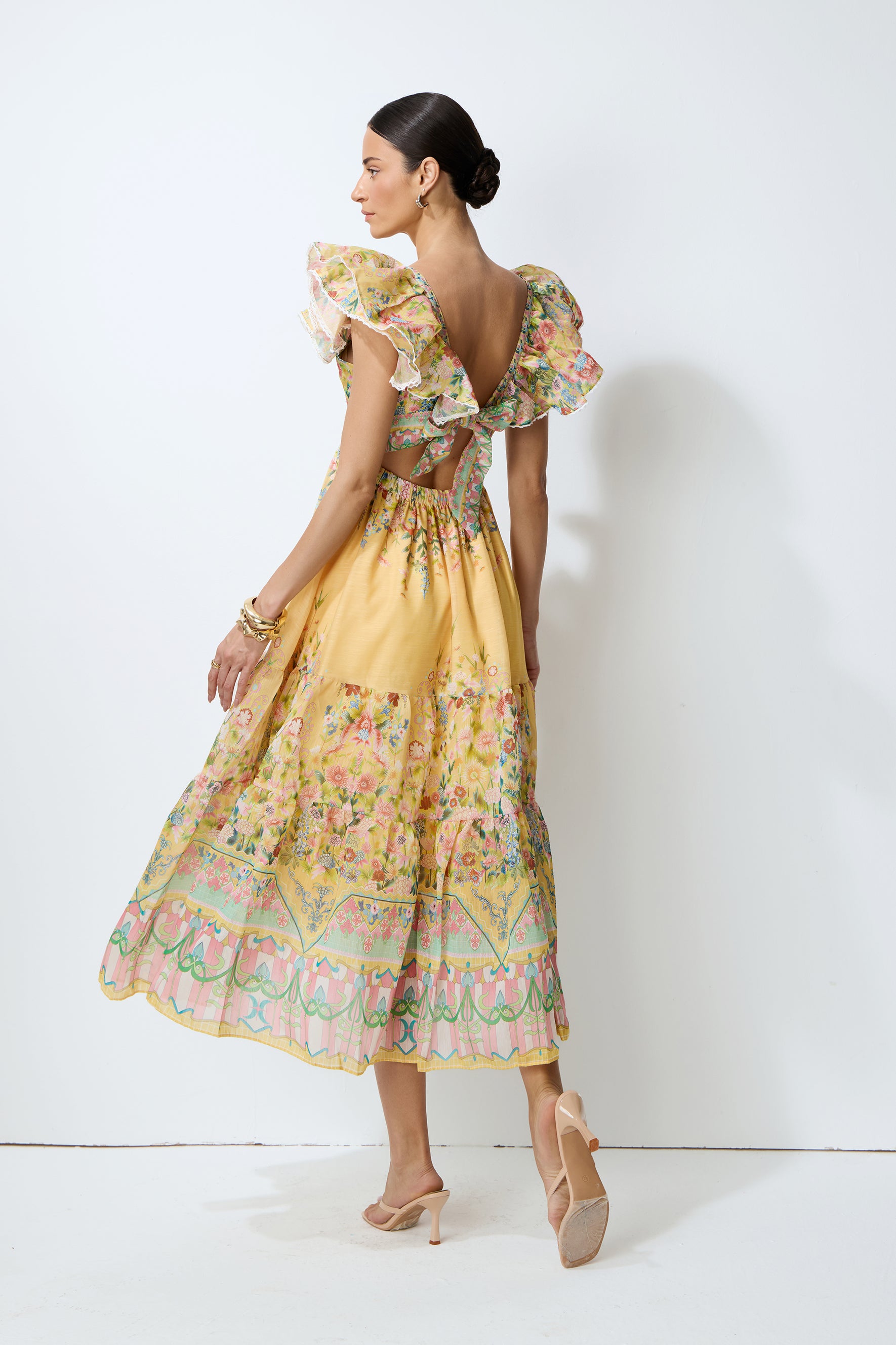 Keep The Feeling Yellow Floral Print Ruffle Flutter Sleeve Midi Dress