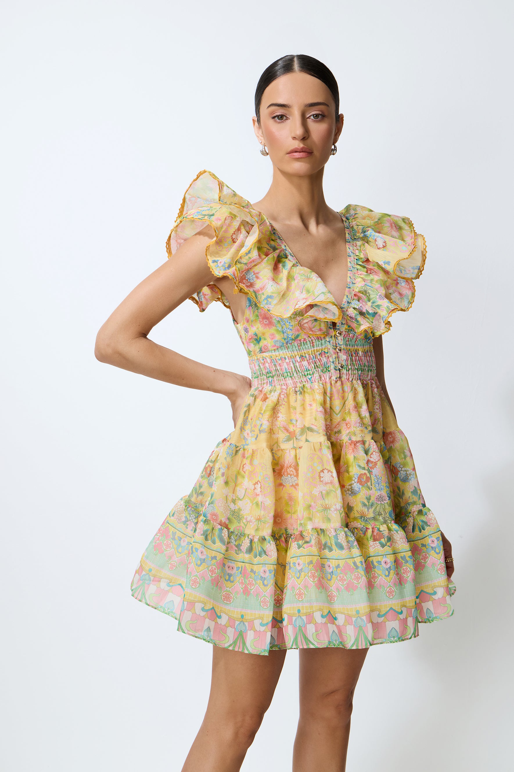 Favorite Little Moment Yellow Floral Print V-Neck Mini Dress