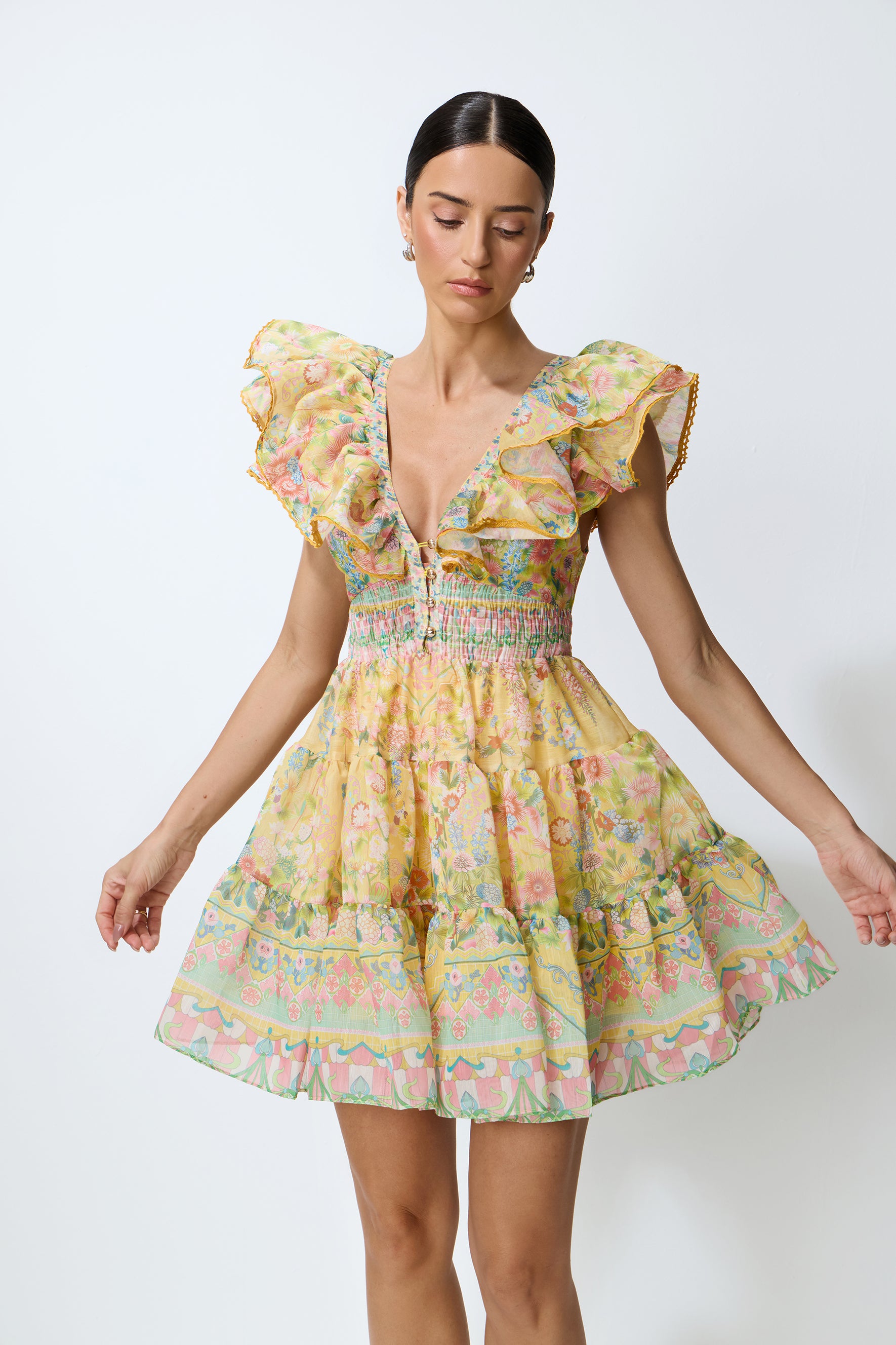 Favorite Little Moment Yellow Floral Print V-Neck Mini Dress