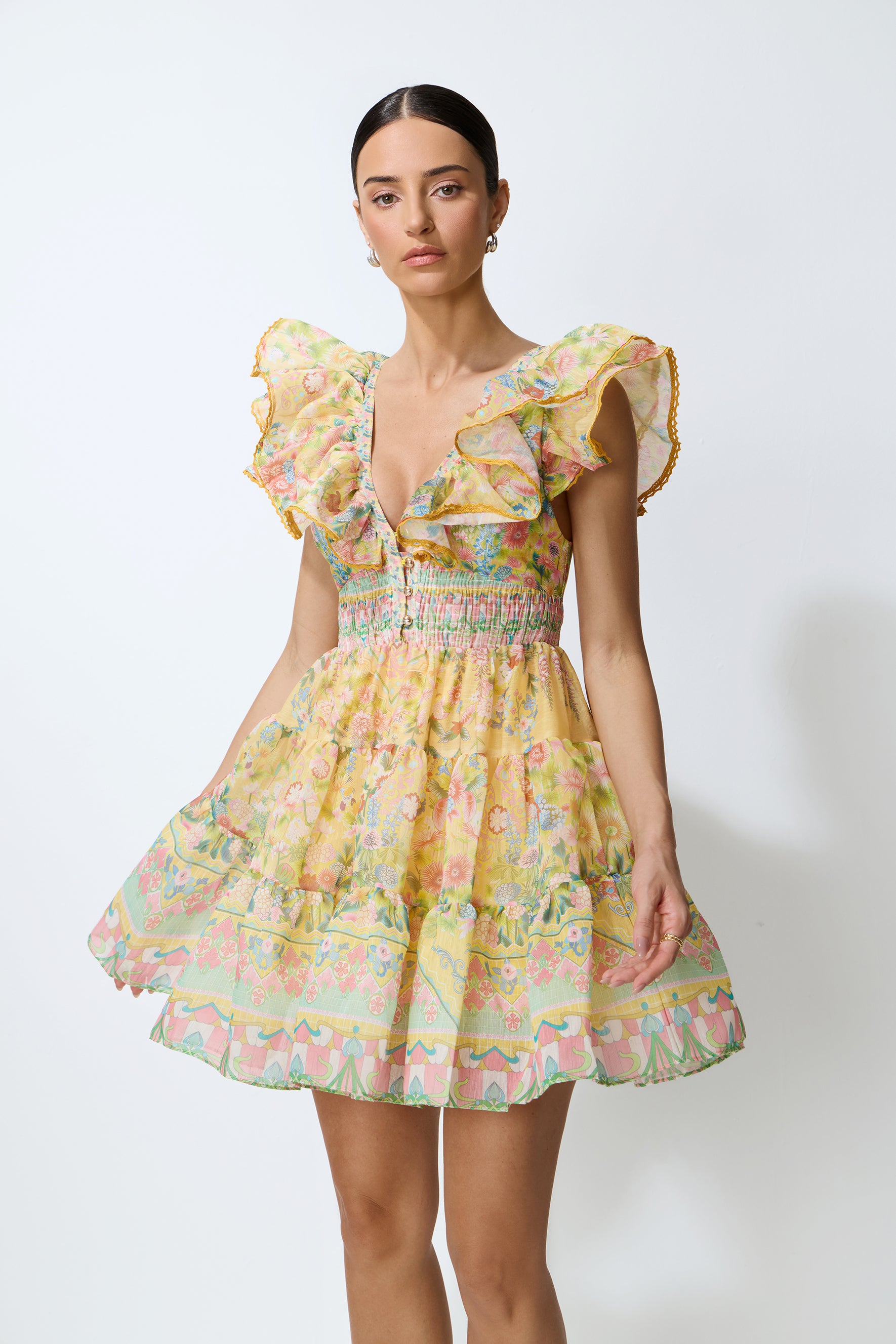Favorite Little Moment Yellow Floral Print V-Neck Mini Dress