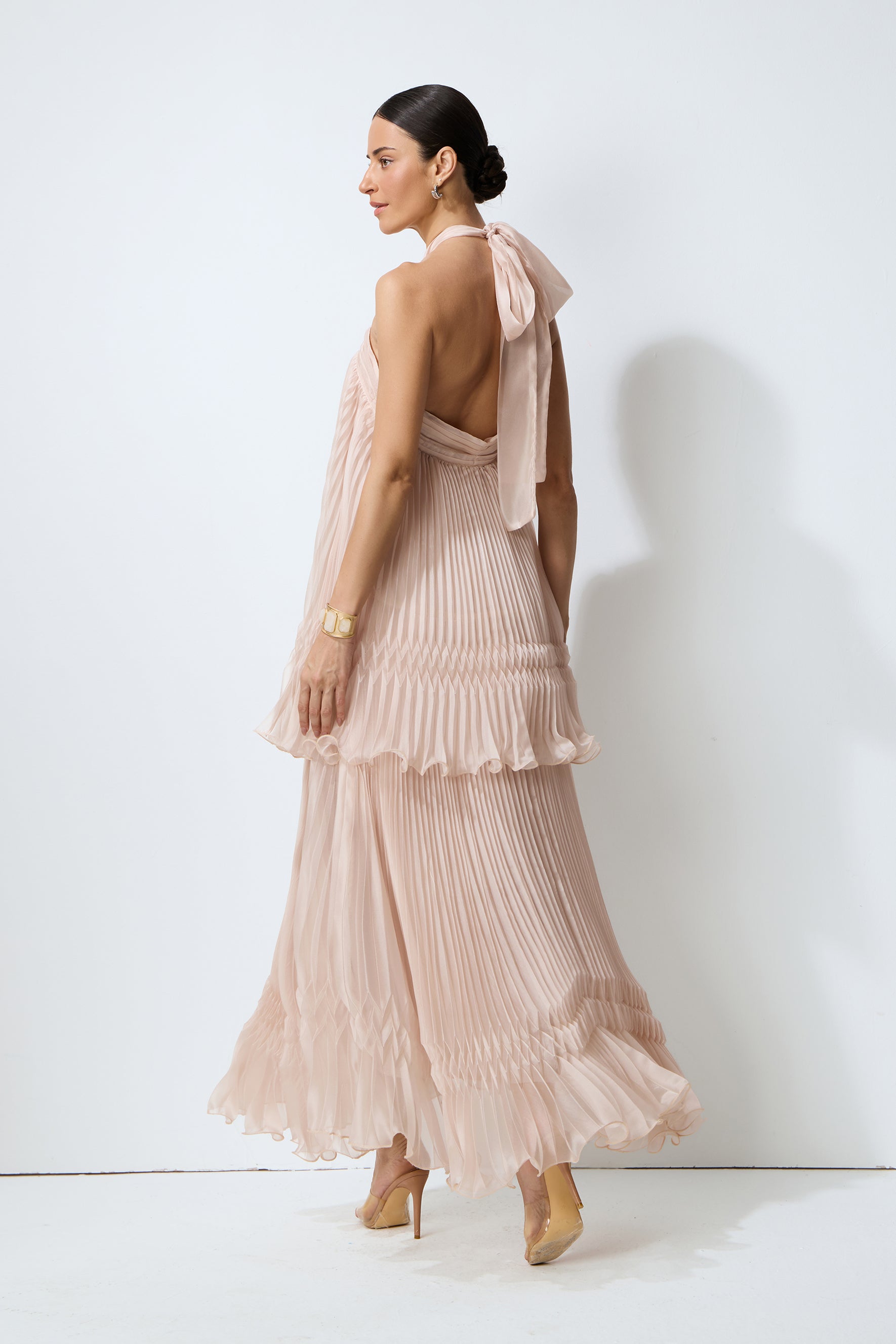 Light Party Moment Pink Halter Neck Pleated Maxi Dress