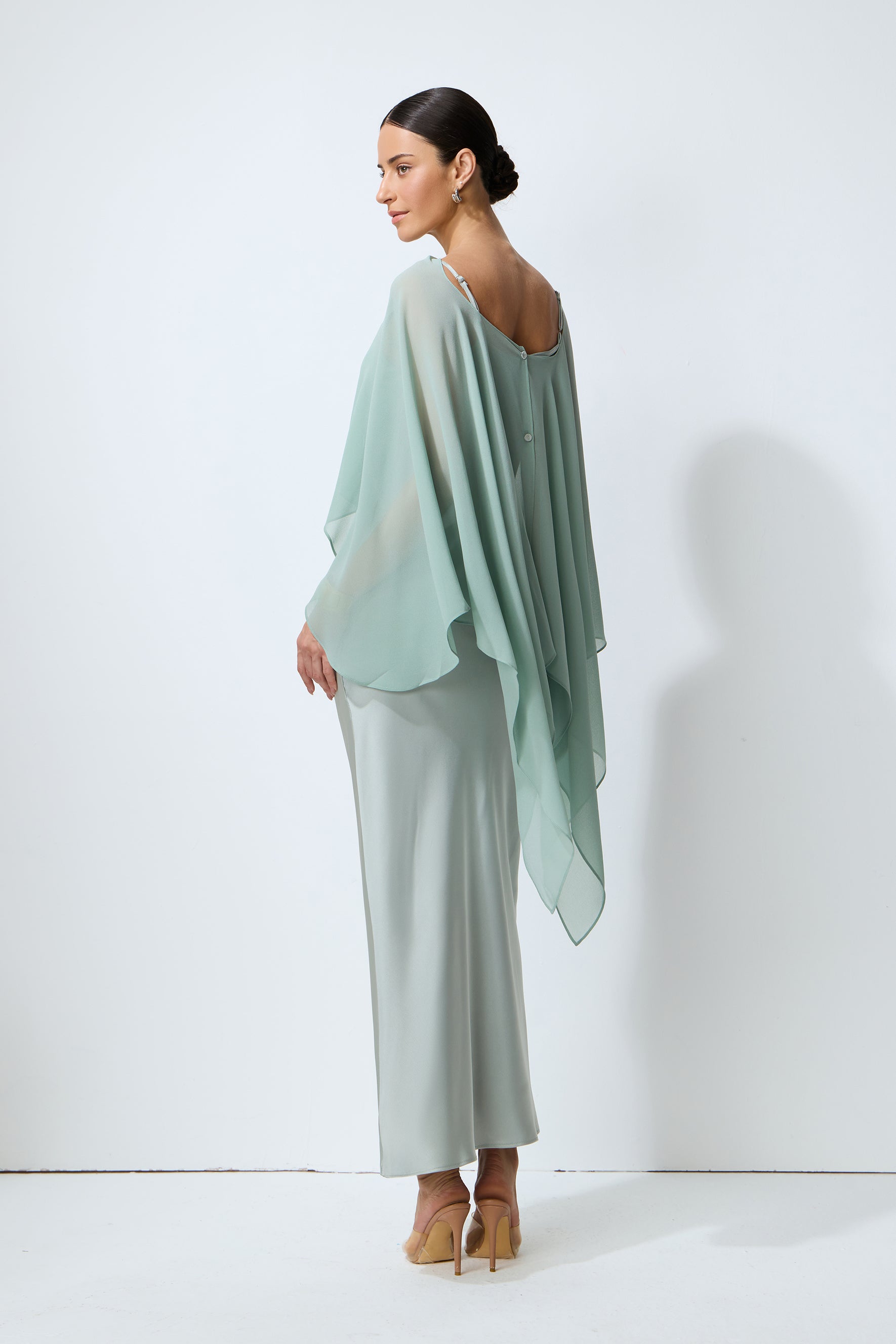 Whisper of Glamour Green Sheer Cape & Satin Maxi Dress Set