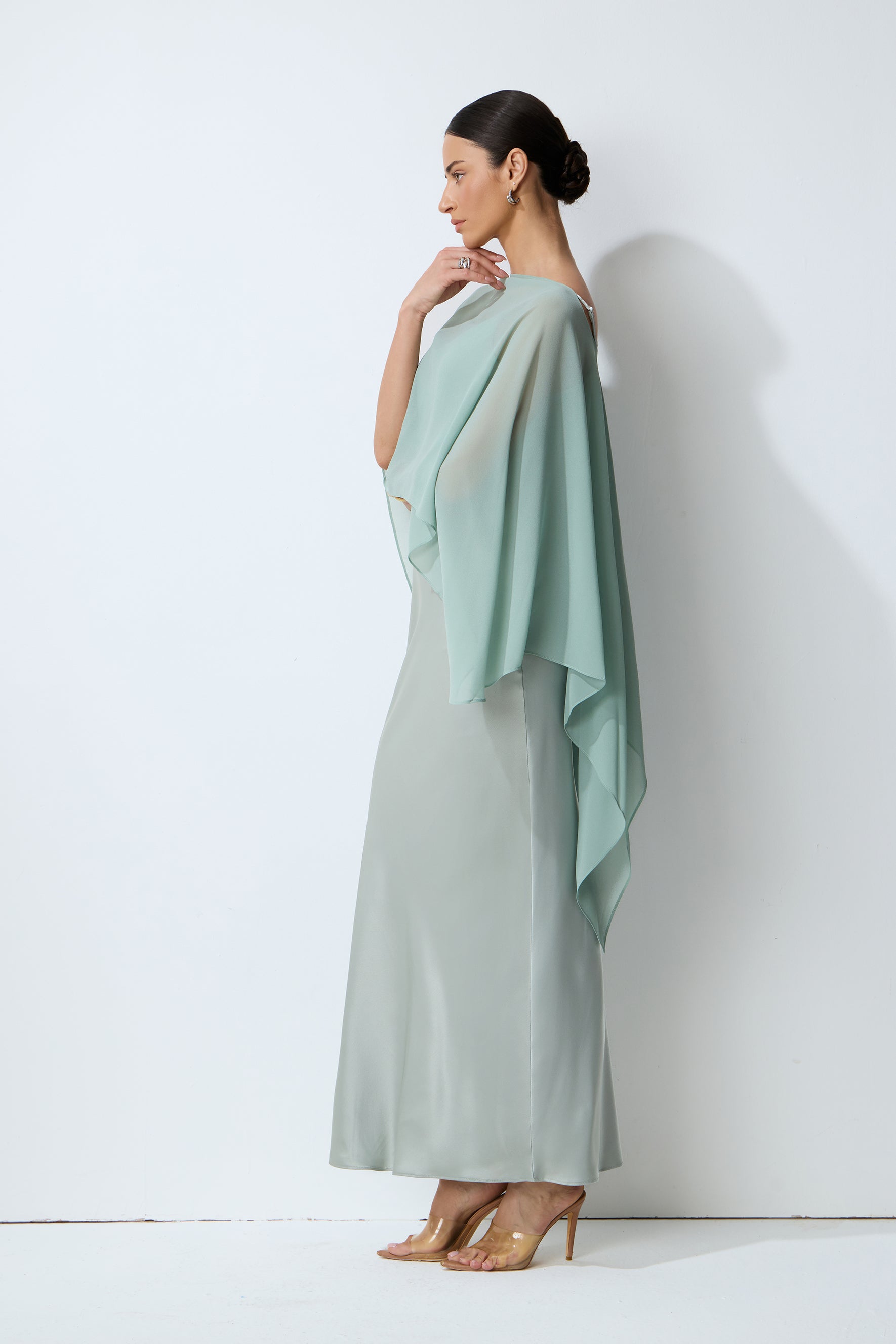 Whisper of Glamour Green Sheer Cape & Satin Maxi Dress Set