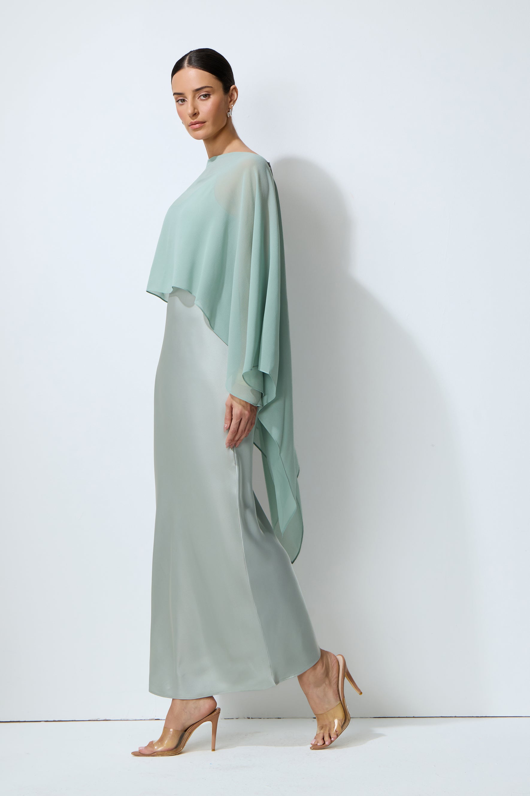 Whisper of Glamour Green Sheer Cape & Satin Maxi Dress Set