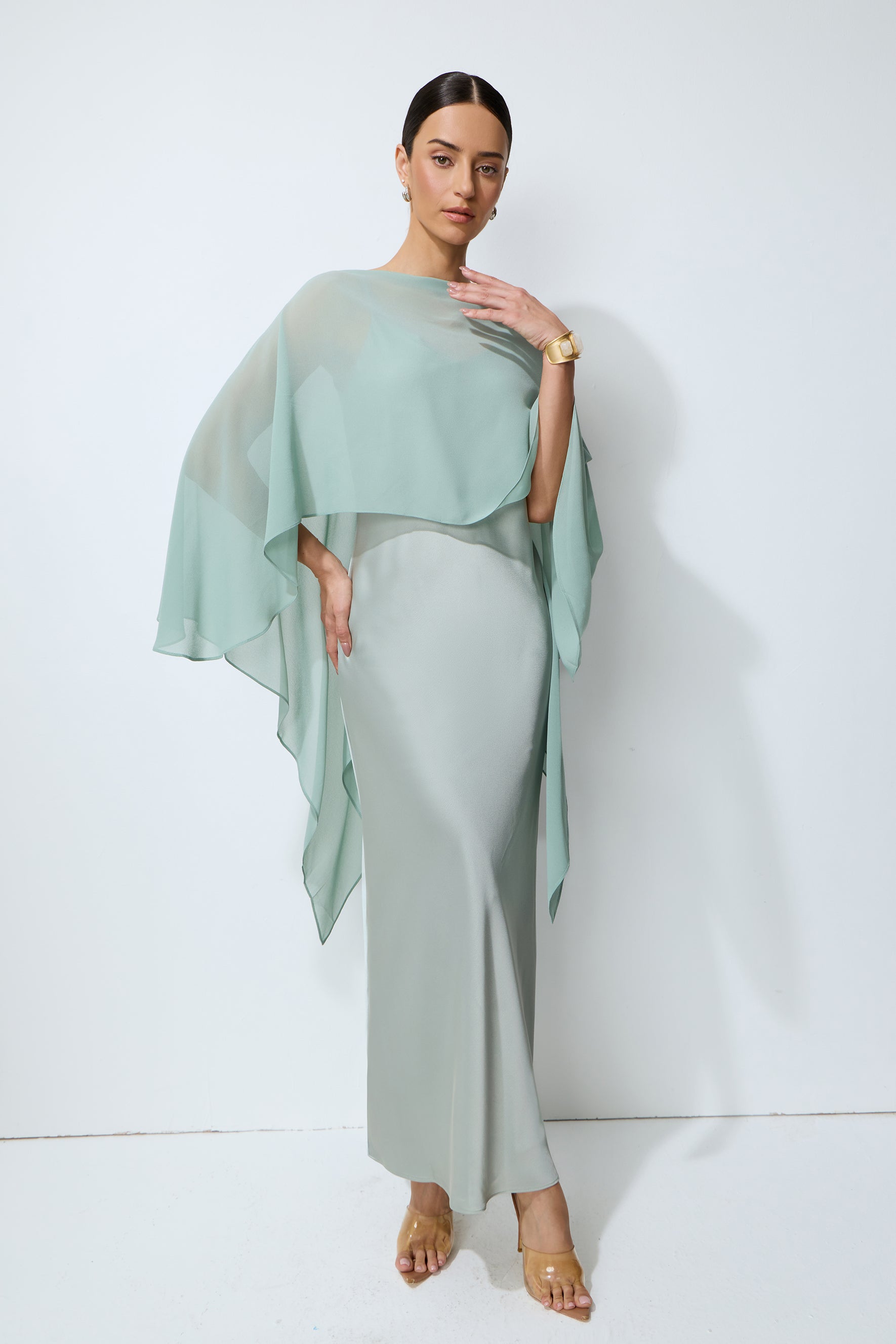 Whisper of Glamour Green Sheer Cape & Satin Maxi Dress Set