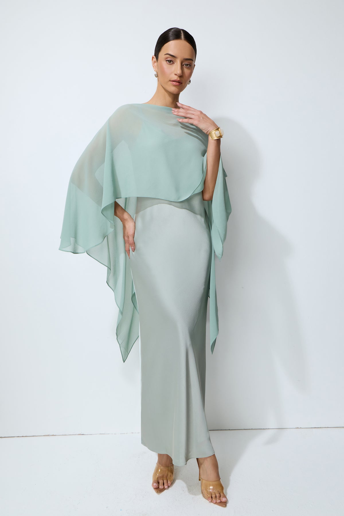Whisper of Glamour Green Sheer Cape & Satin Maxi Dress Set