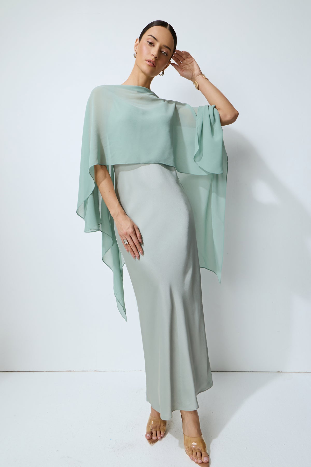 Whisper of Glamour Green Sheer Cape & Satin Maxi Dress Set