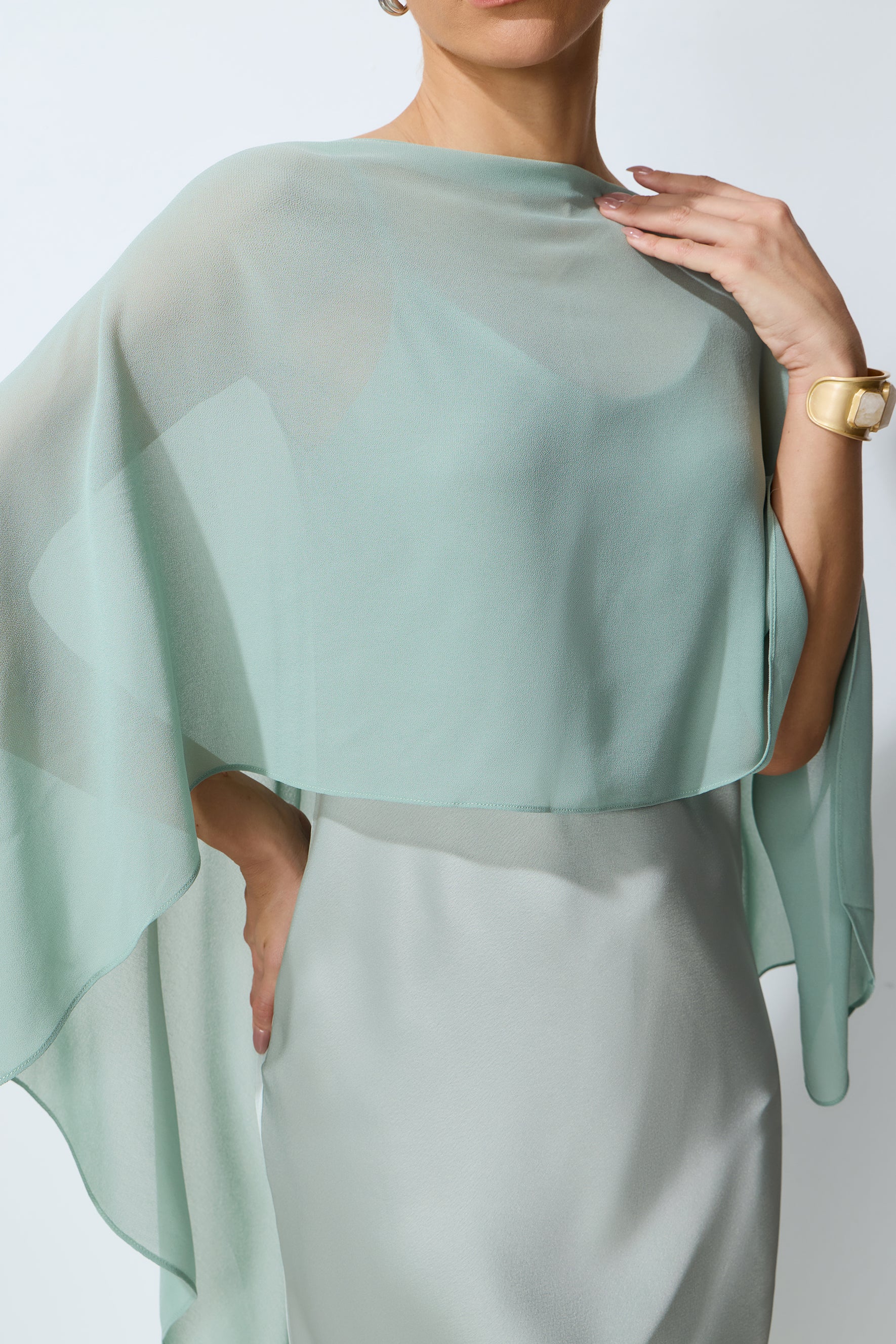 Whisper of Glamour Green Sheer Cape & Satin Maxi Dress Set