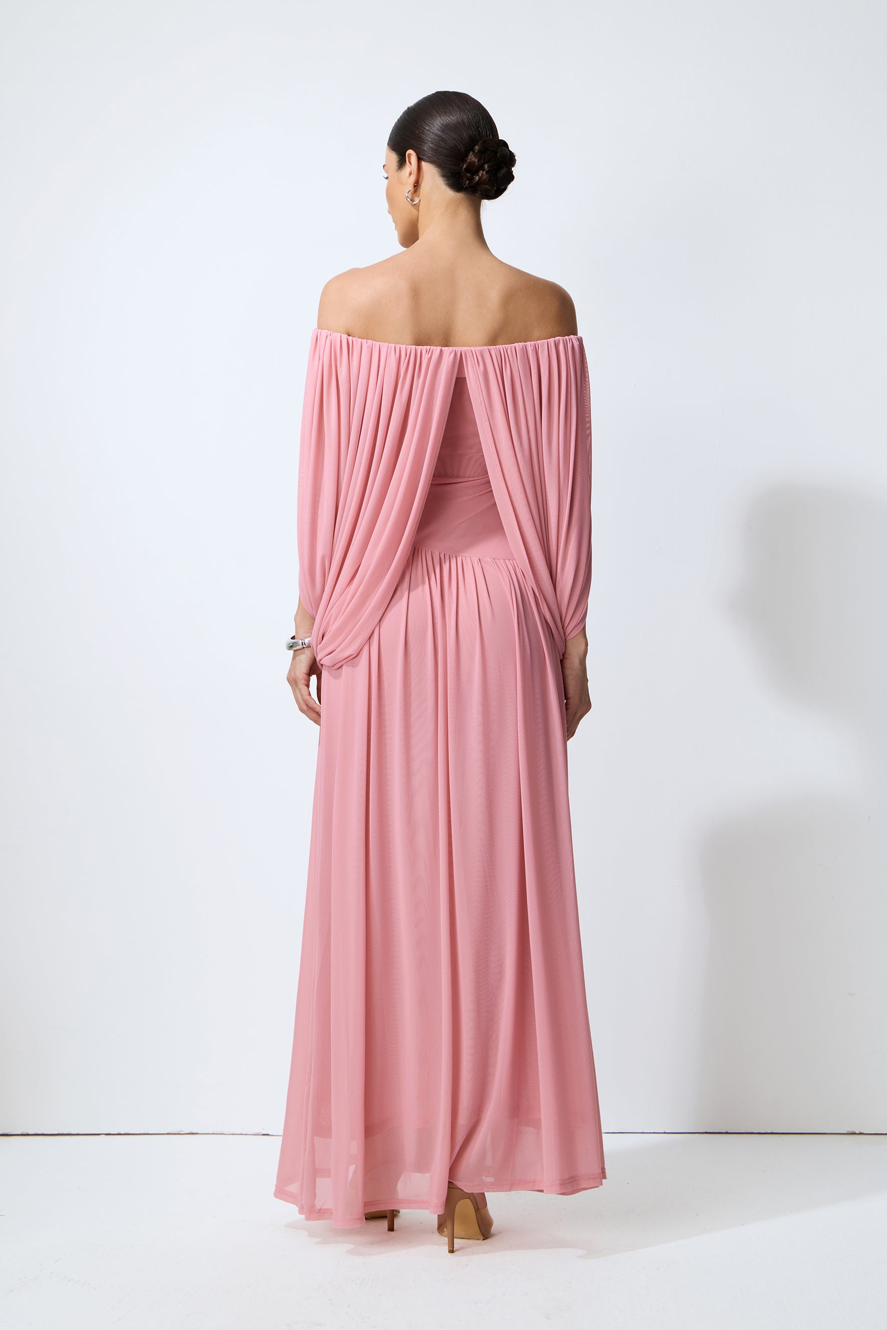 Glamorous Disposition Pink Off Shoulder Draped Maxi Dress