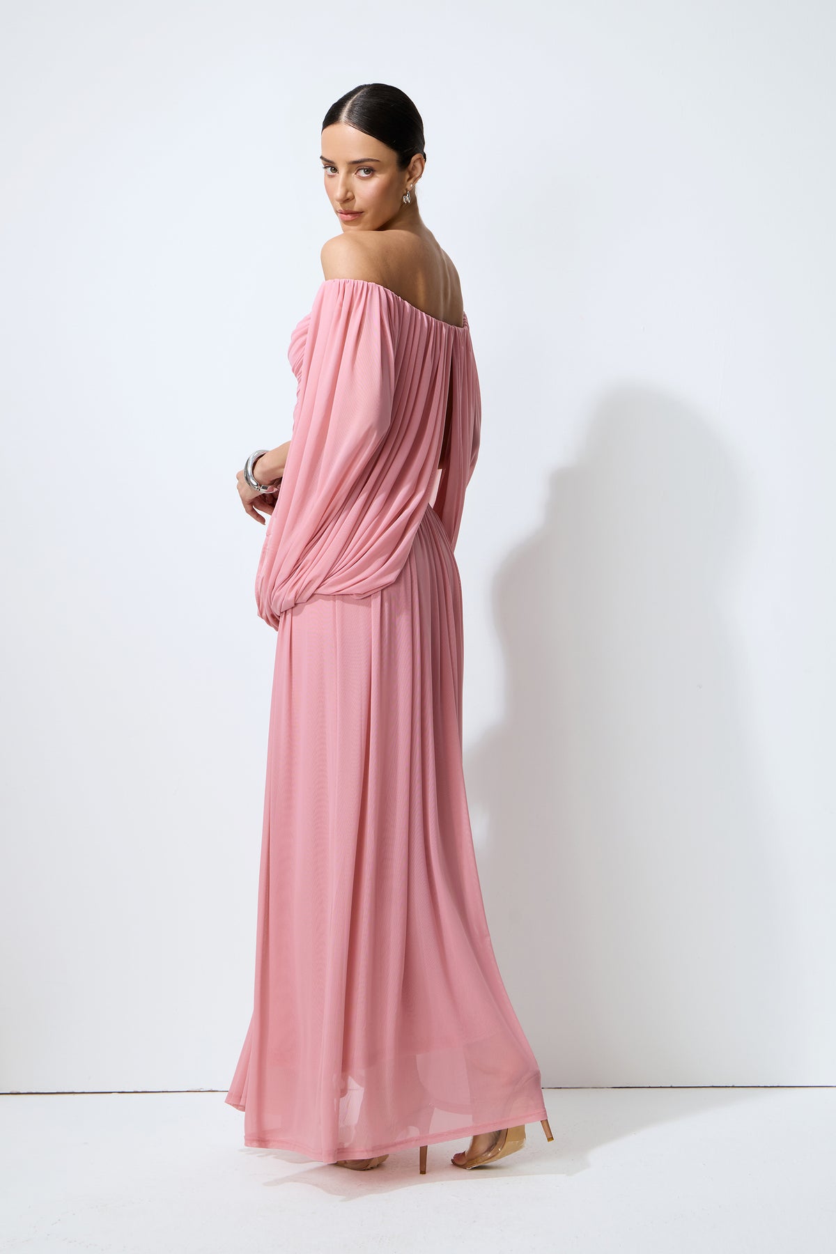 Glamorous Disposition Pink Off Shoulder Draped Maxi Dress