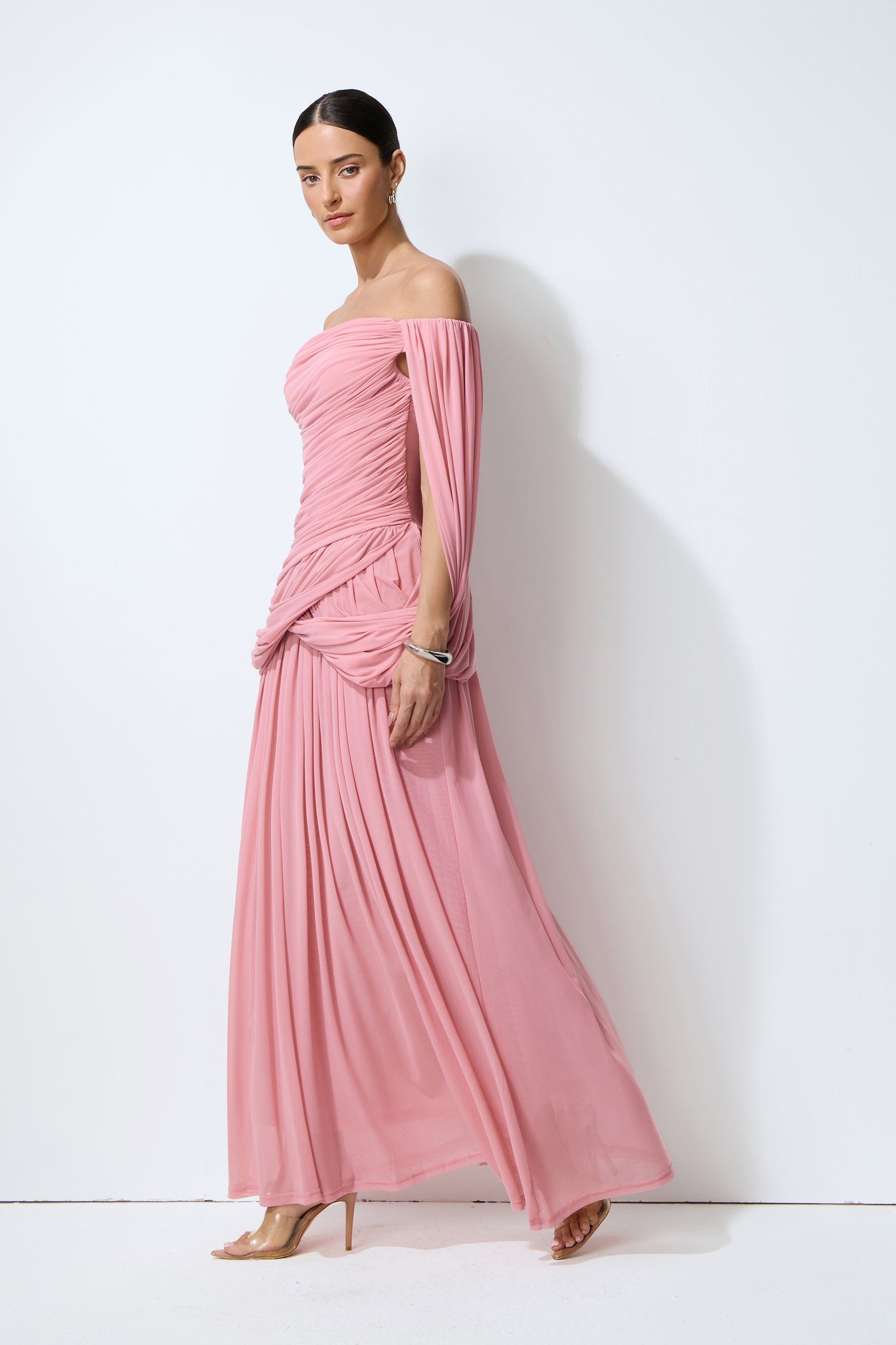 Glamorous Disposition Pink Off Shoulder Draped Maxi Dress