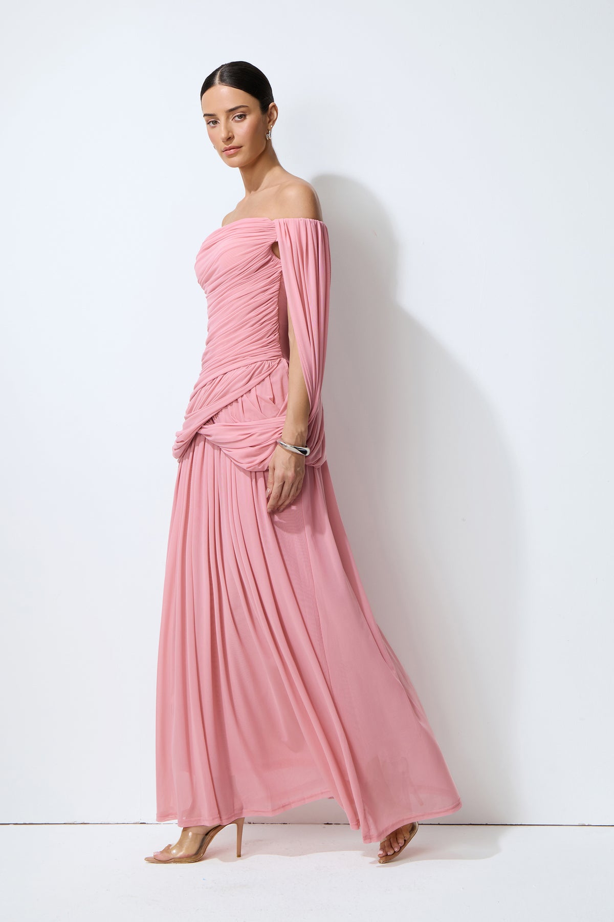 Glamorous Disposition Pink Off Shoulder Draped Maxi Dress