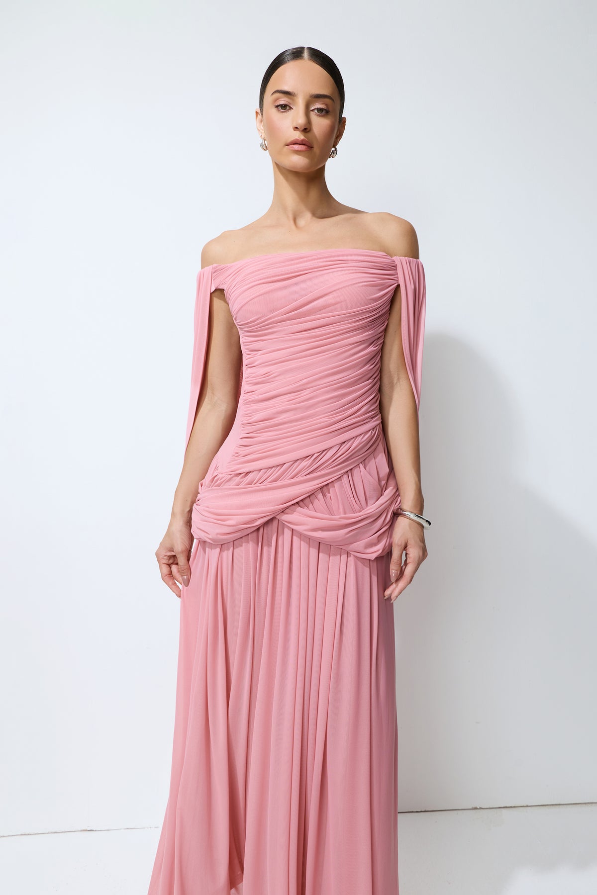 Glamorous Disposition Pink Off Shoulder Draped Maxi Dress