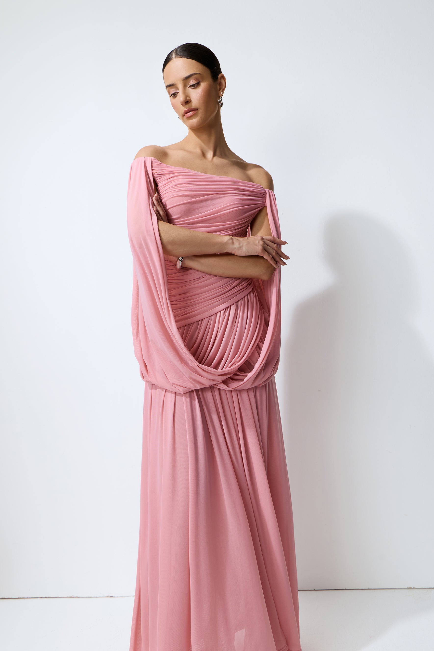 Glamorous Disposition Pink Off Shoulder Draped Maxi Dress