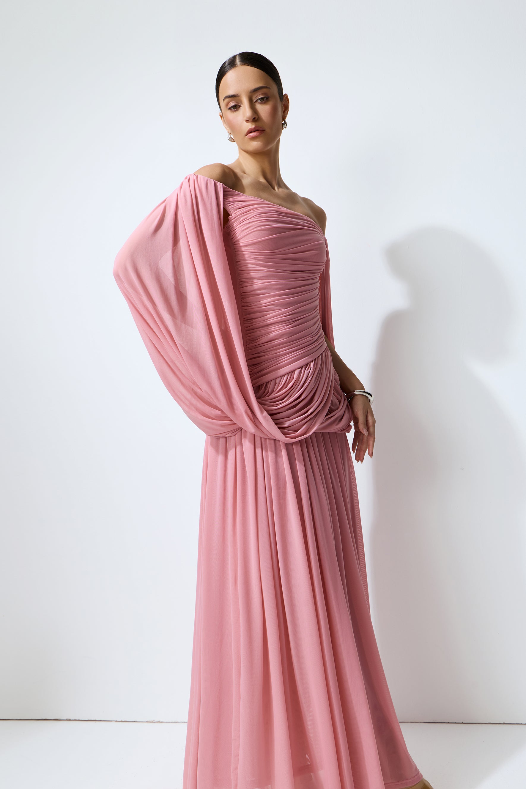 Glamorous Disposition Pink Off Shoulder Draped Maxi Dress