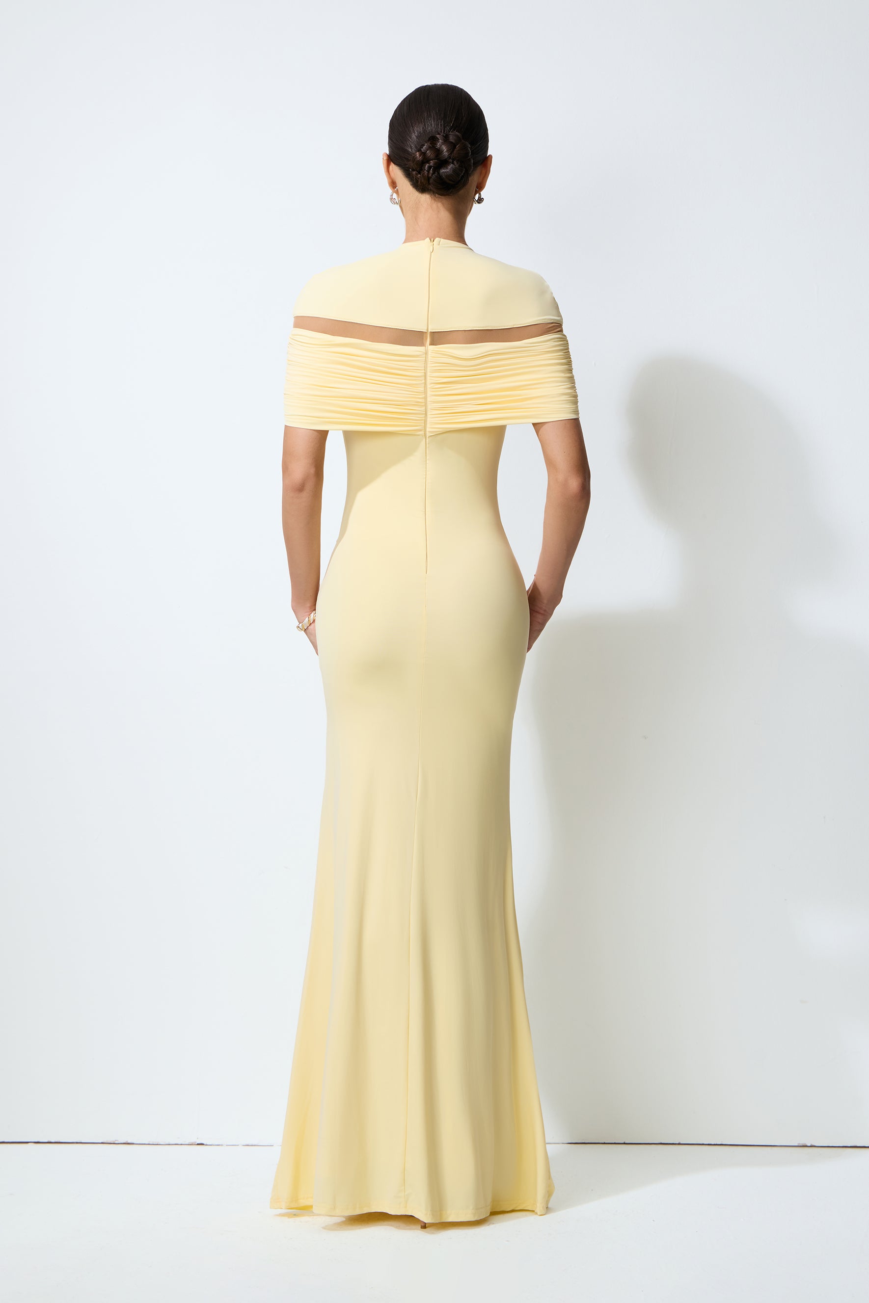 Softly Beautiful Yellow Ruched Crisscross Knit Maxi Dress