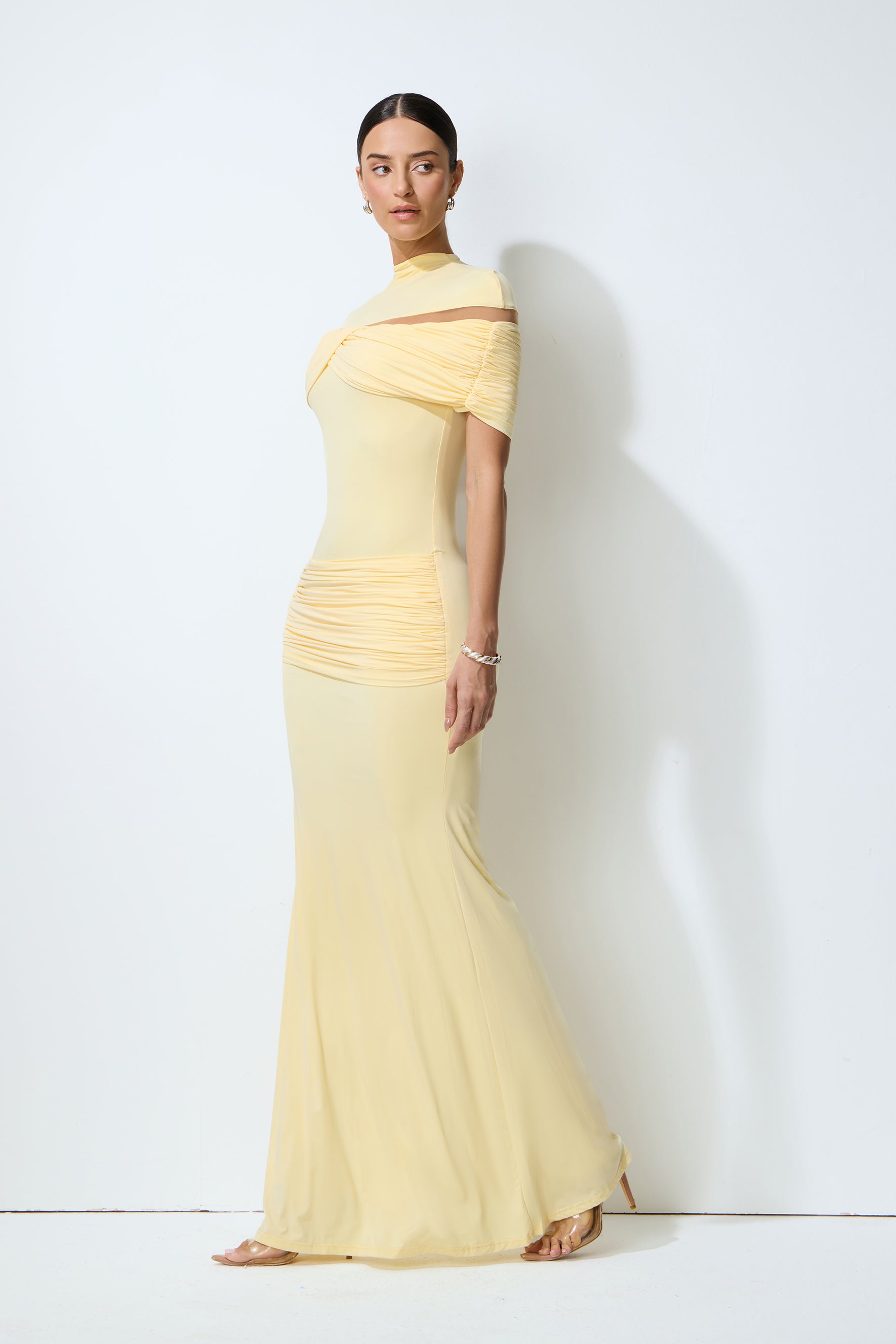 Softly Beautiful Yellow Ruched Crisscross Knit Maxi Dress