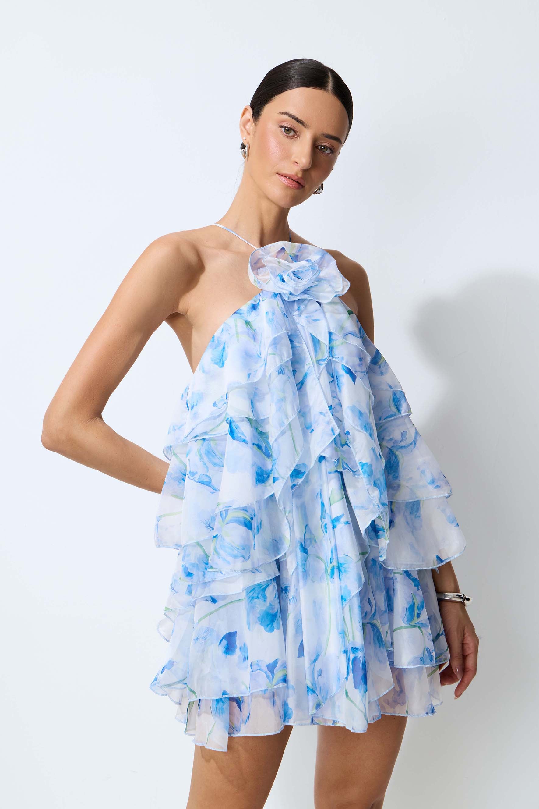 Kisses On Air Blue Floral Applique Tiered Mini Dress