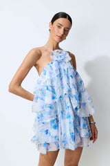 Kisses On Air Blue Floral Applique Tiered Mini Dress