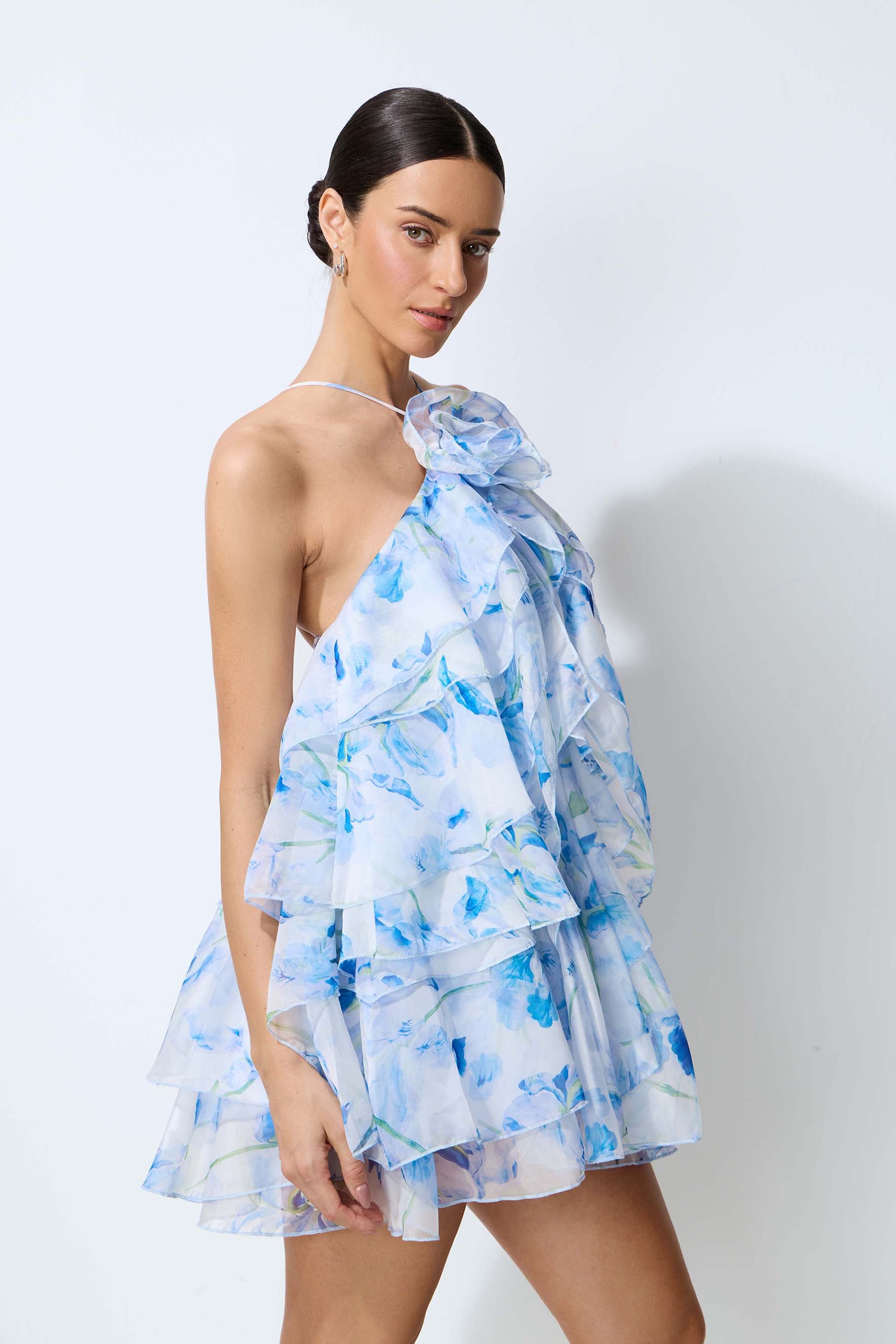 Kisses On Air Blue Floral Applique Tiered Mini Dress