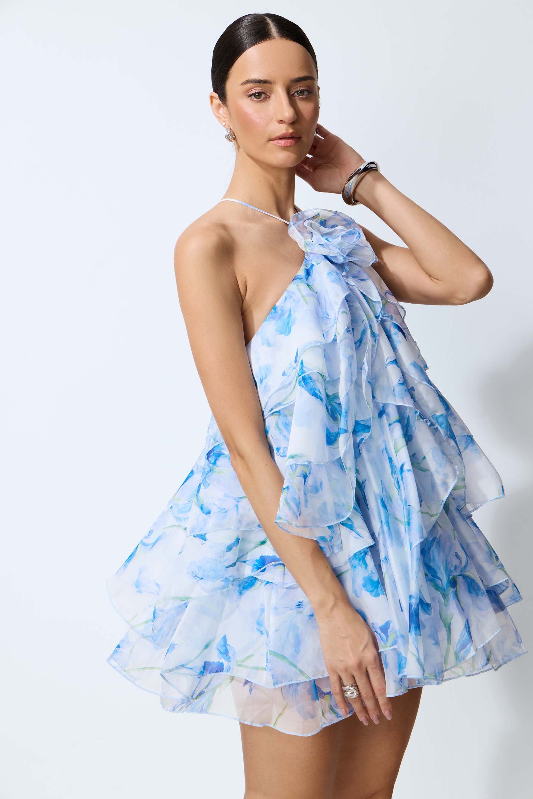 Kisses On Air Blue Floral Applique Tiered Mini Dress