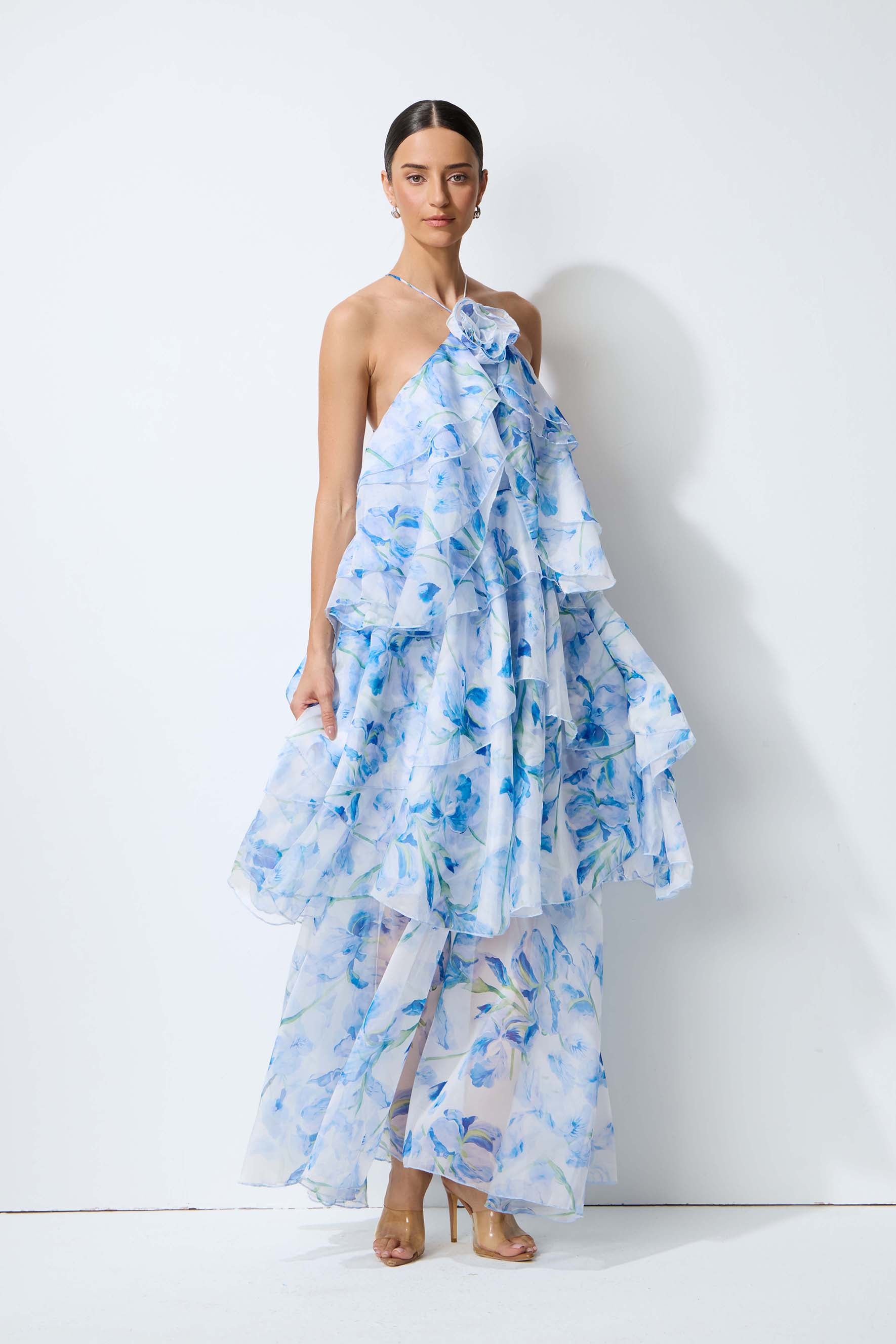 Breeze Emotion Blue Floral Print Halter Neck Maxi Dress