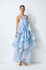 Breeze Emotion Blue Floral Print Halter Neck Maxi Dress