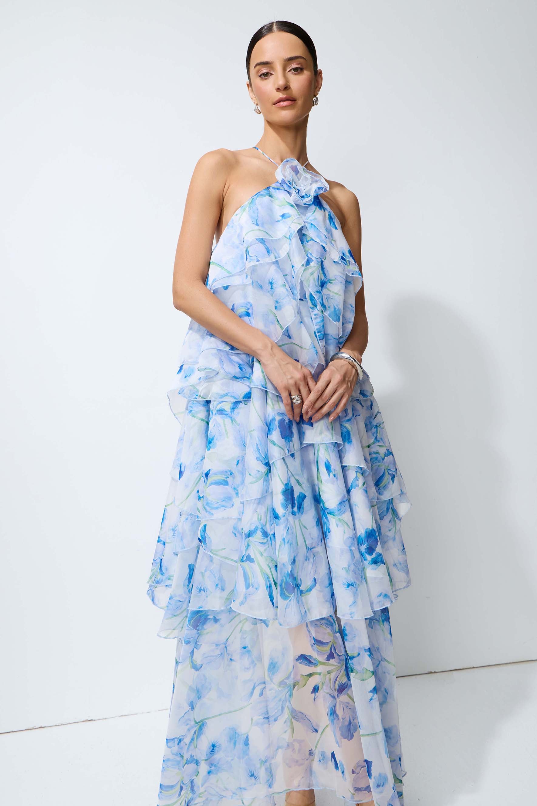 Breeze Emotion Blue Floral Print Halter Neck Maxi Dress