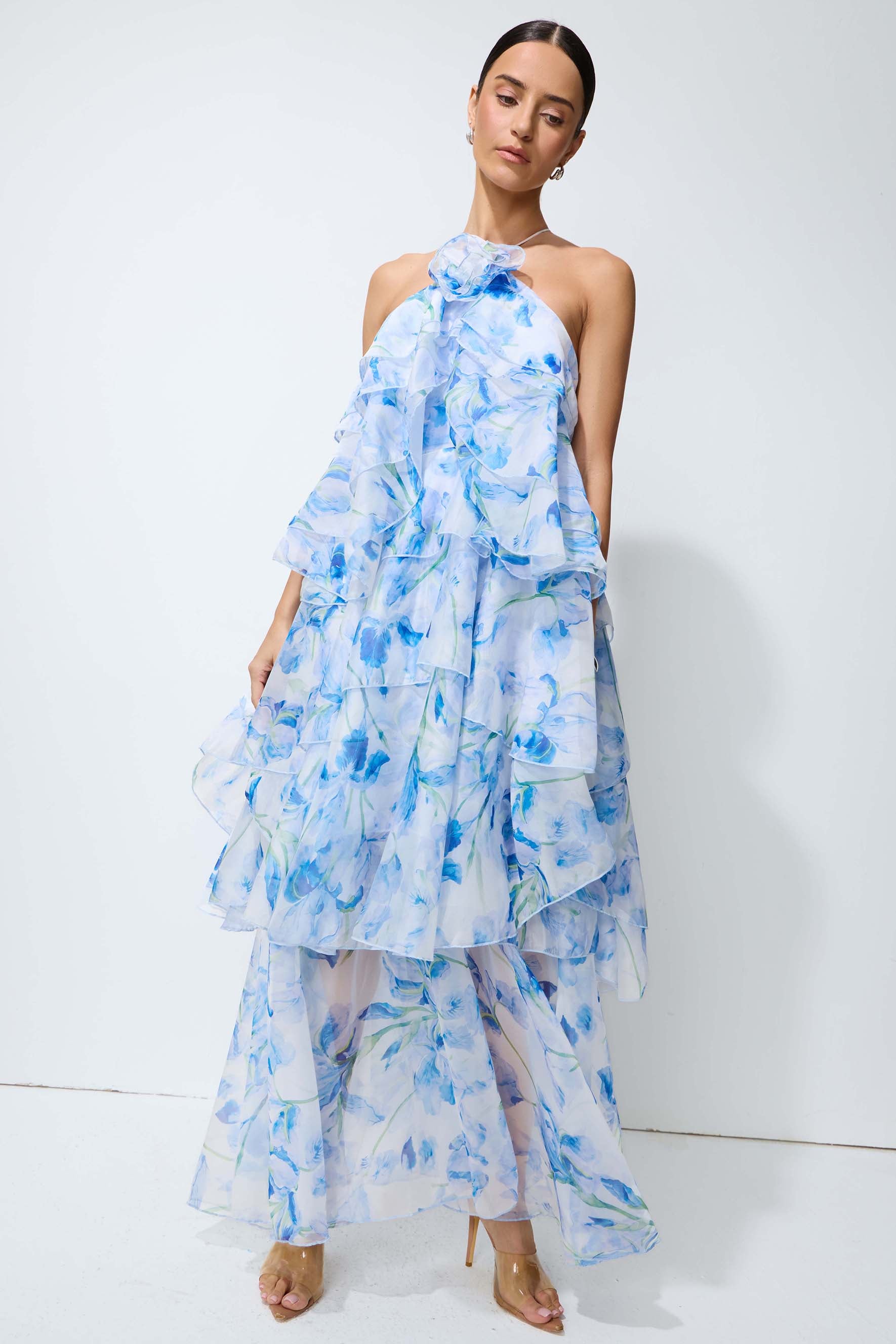 Breeze Emotion Blue Floral Print Halter Neck Maxi Dress