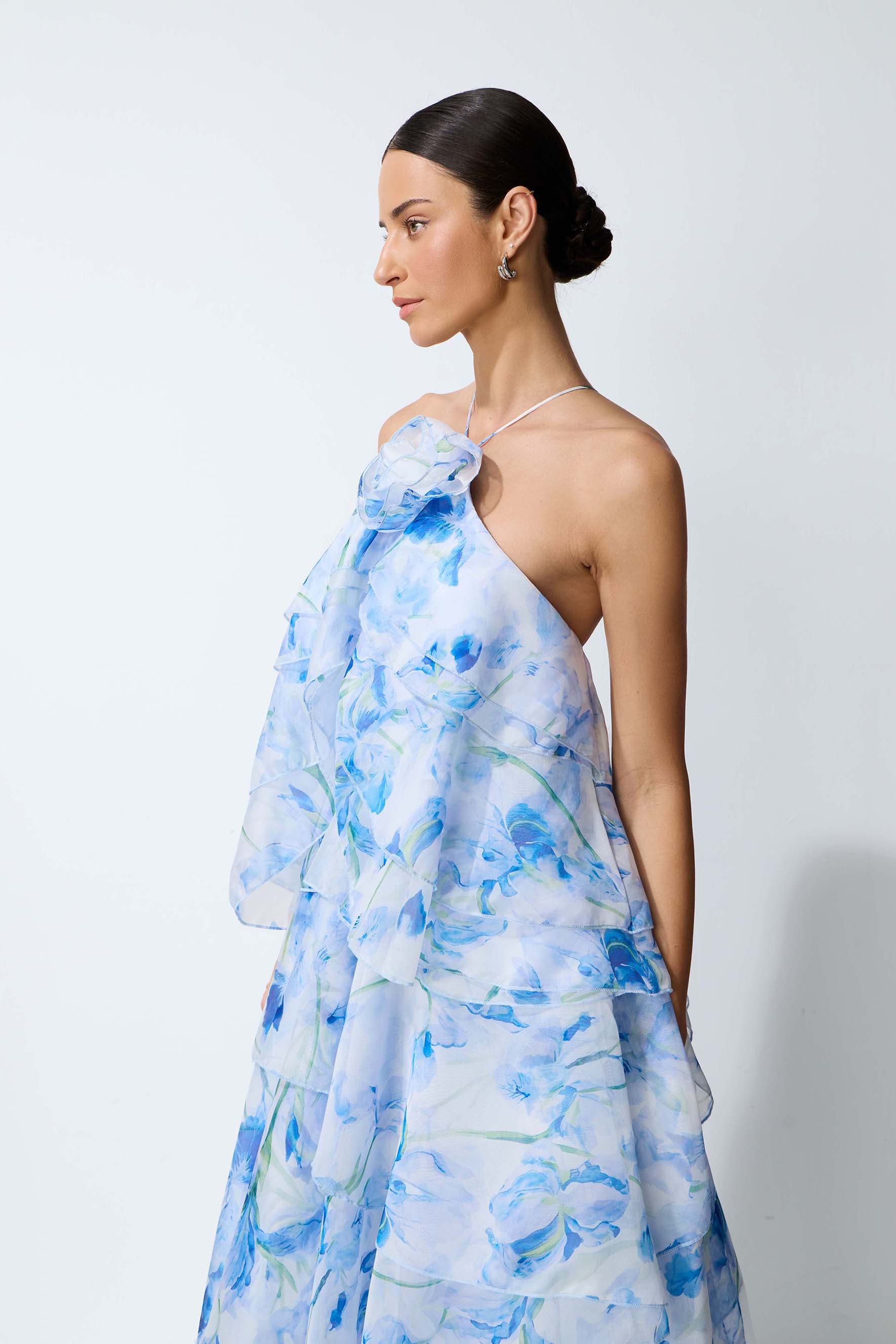 Breeze Emotion Blue Floral Print Halter Neck Maxi Dress