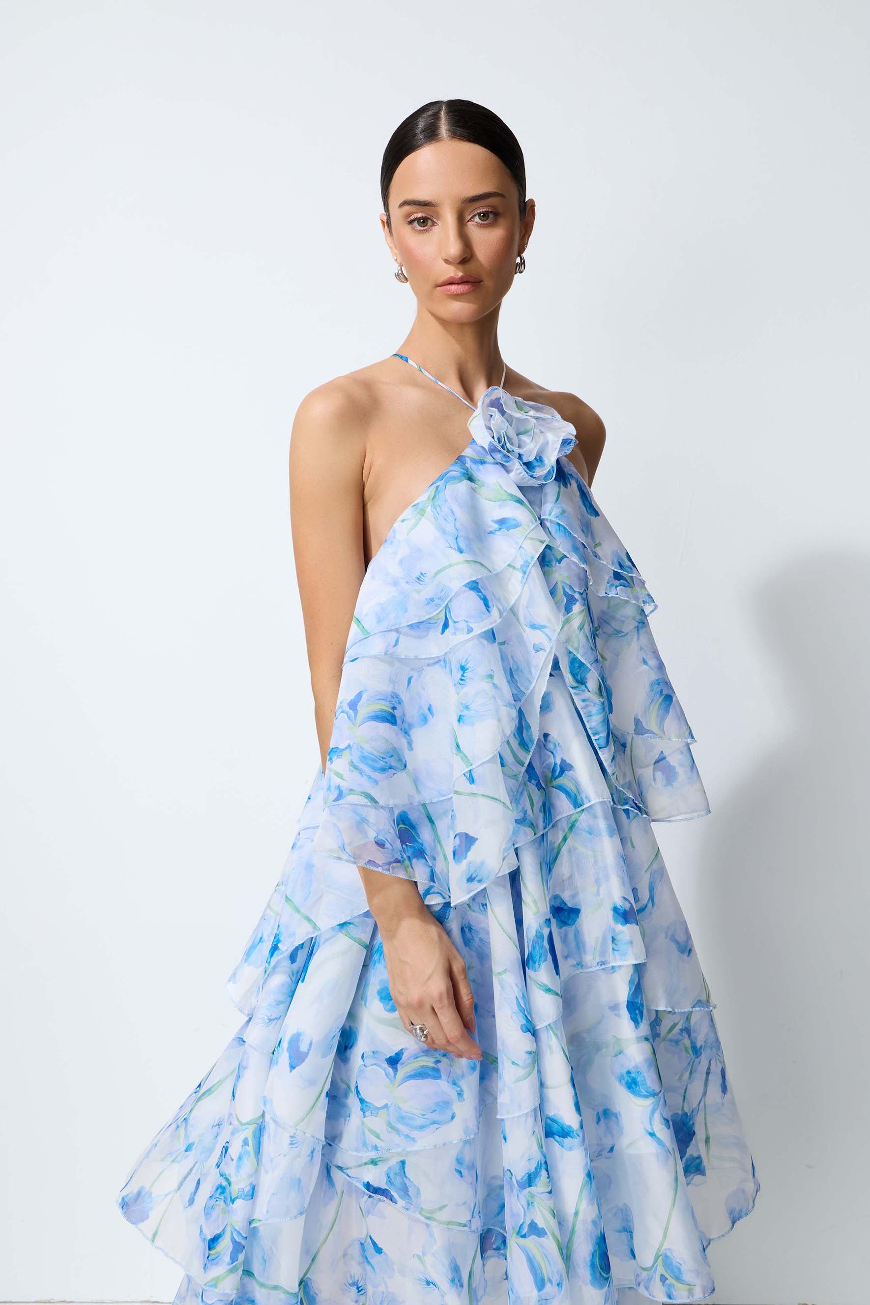 Breeze Emotion Blue Floral Print Halter Neck Maxi Dress