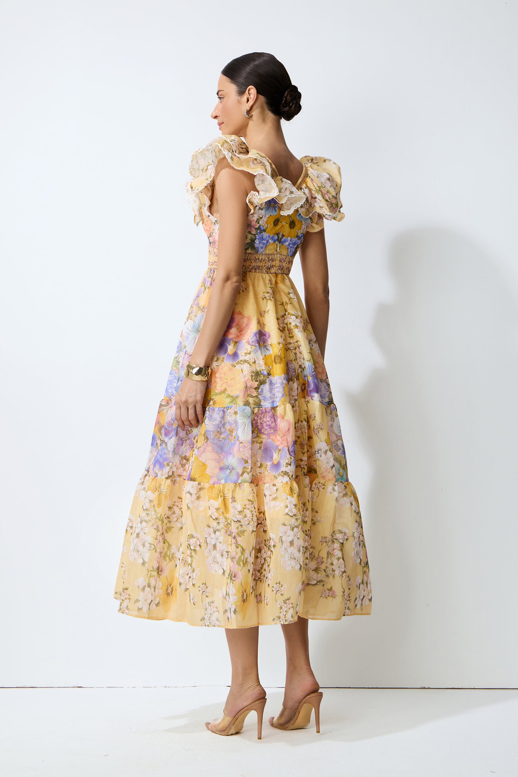 Keep The Feeling Yellow Floral V-Neck Ruffled Midi Dress