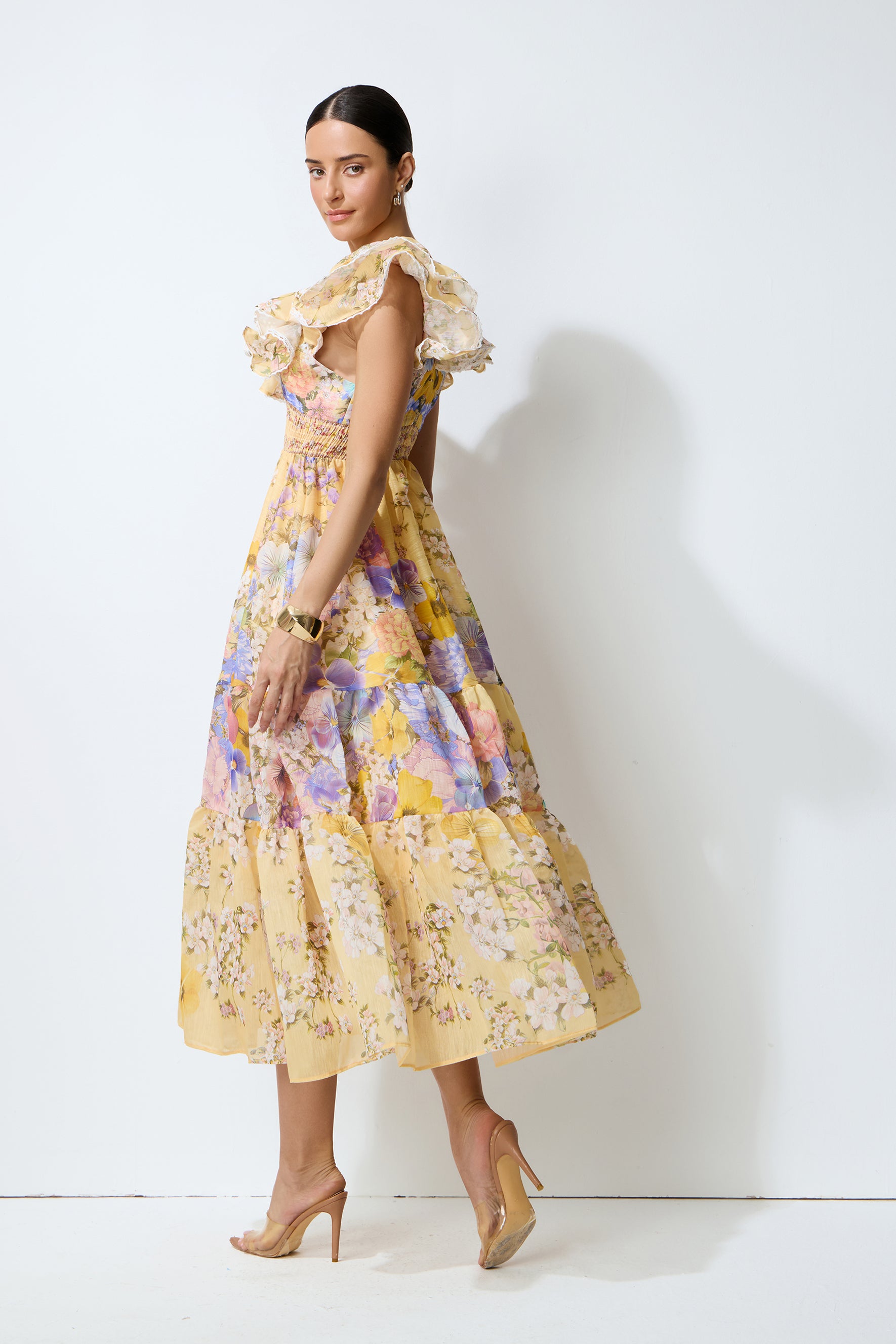 Keep The Feeling Yellow Floral V-Neck Ruffled Midi Dress
