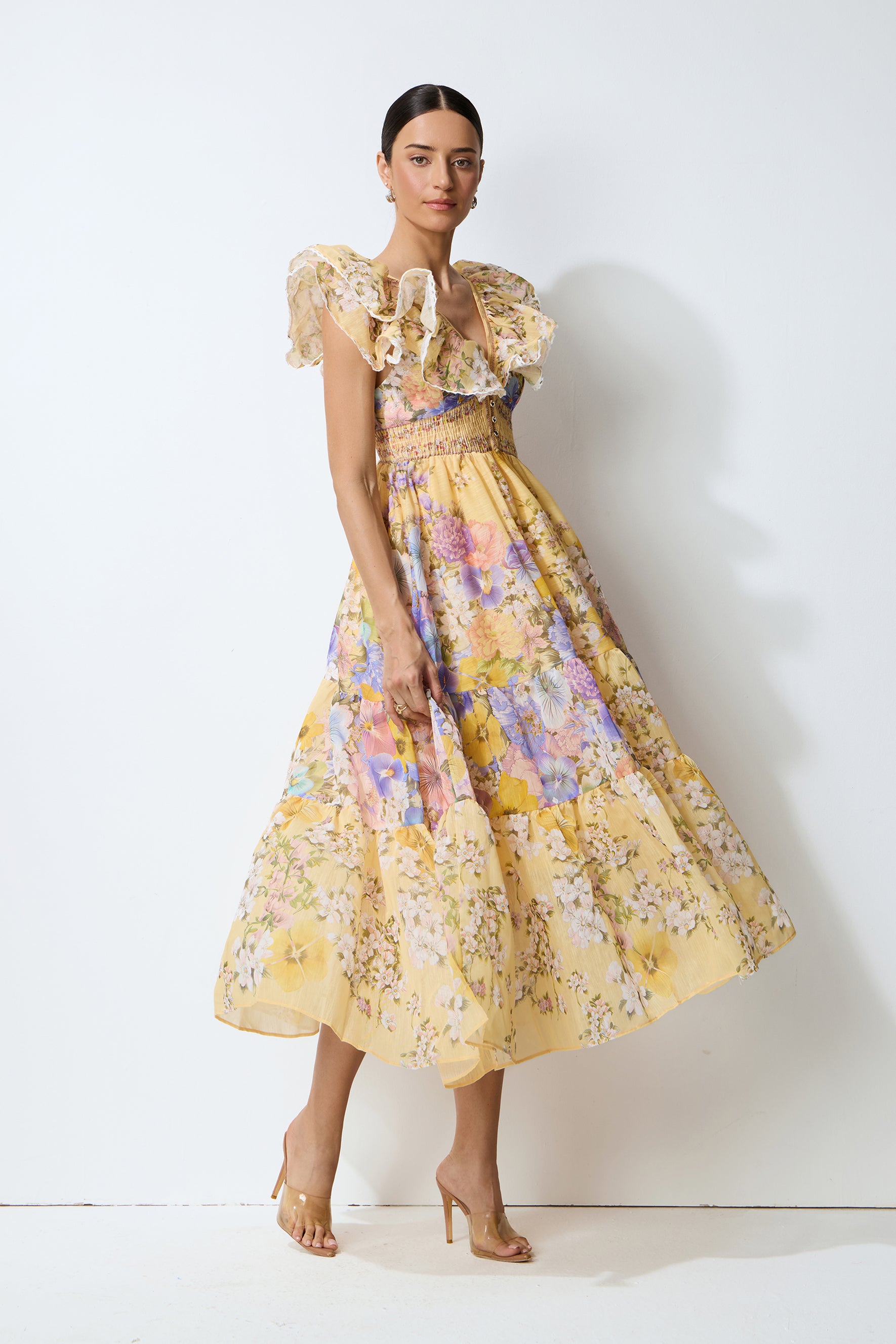 Keep The Feeling Yellow Floral V-Neck Ruffled Midi Dress