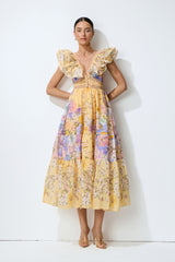 Keep The Feeling Yellow Floral V-Neck Ruffled Midi Dress