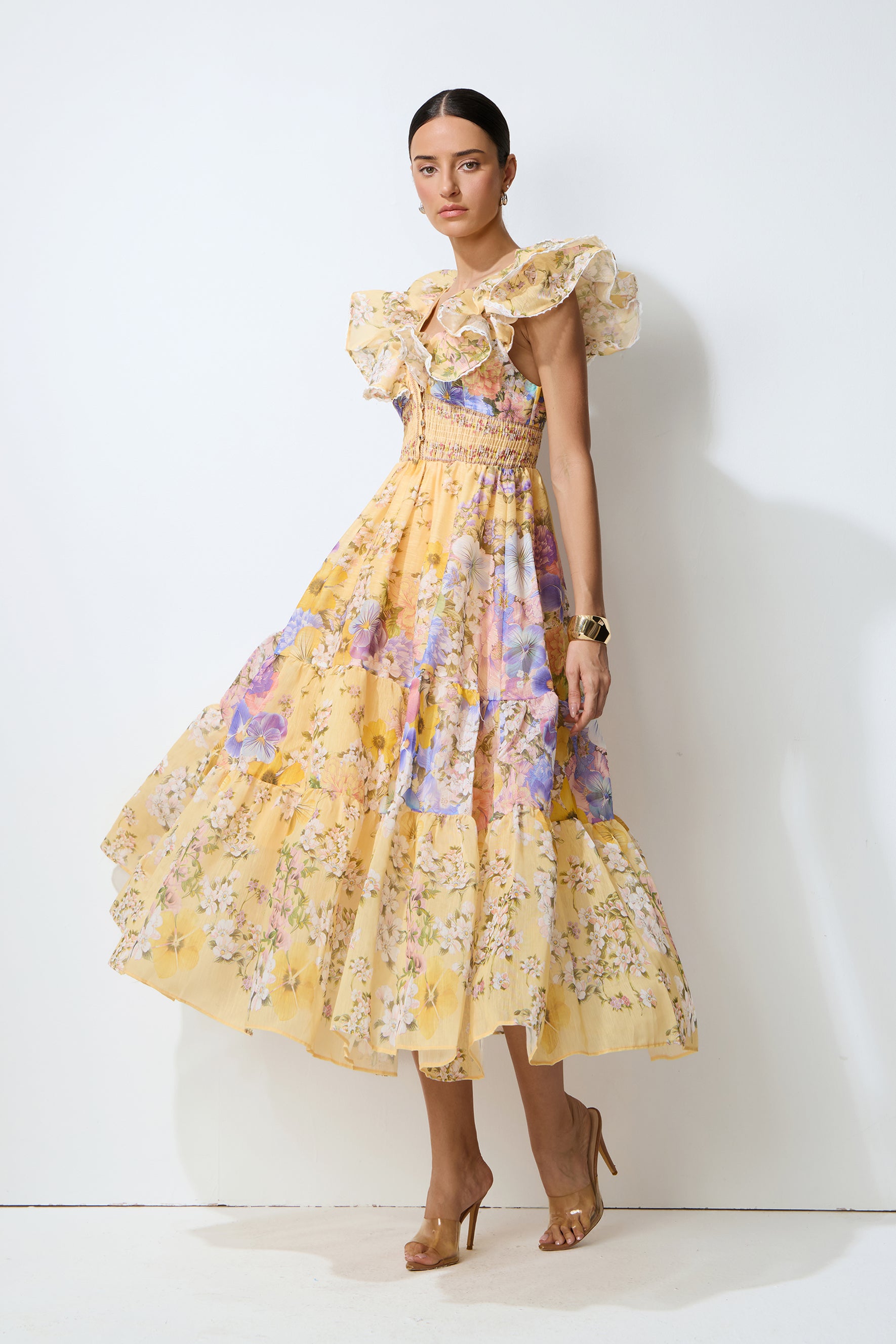Keep The Feeling Yellow Floral V-Neck Ruffled Midi Dress