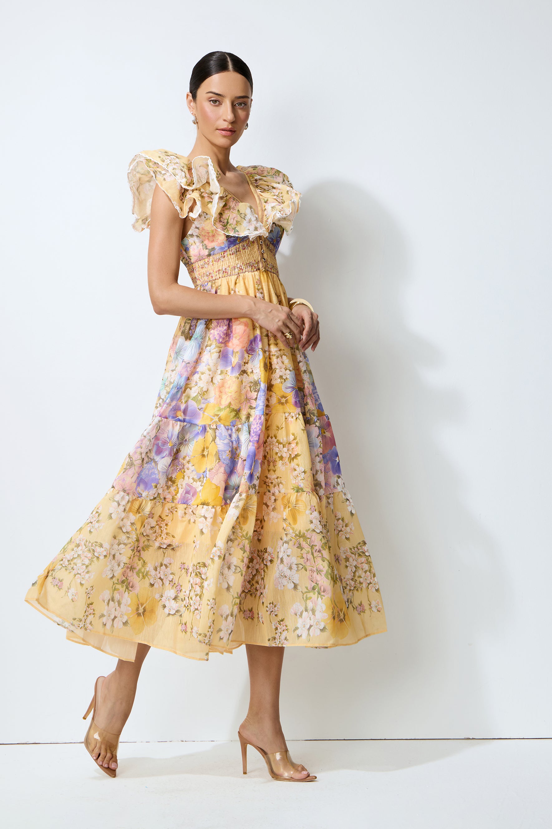 Keep The Feeling Yellow Floral V-Neck Ruffled Midi Dress