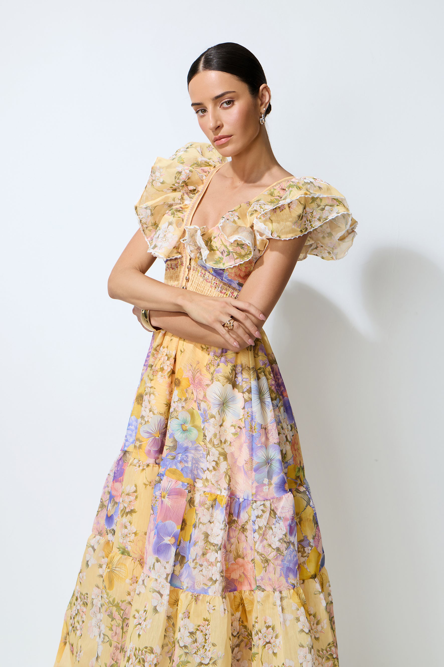 Keep The Feeling Yellow Floral V-Neck Ruffled Midi Dress