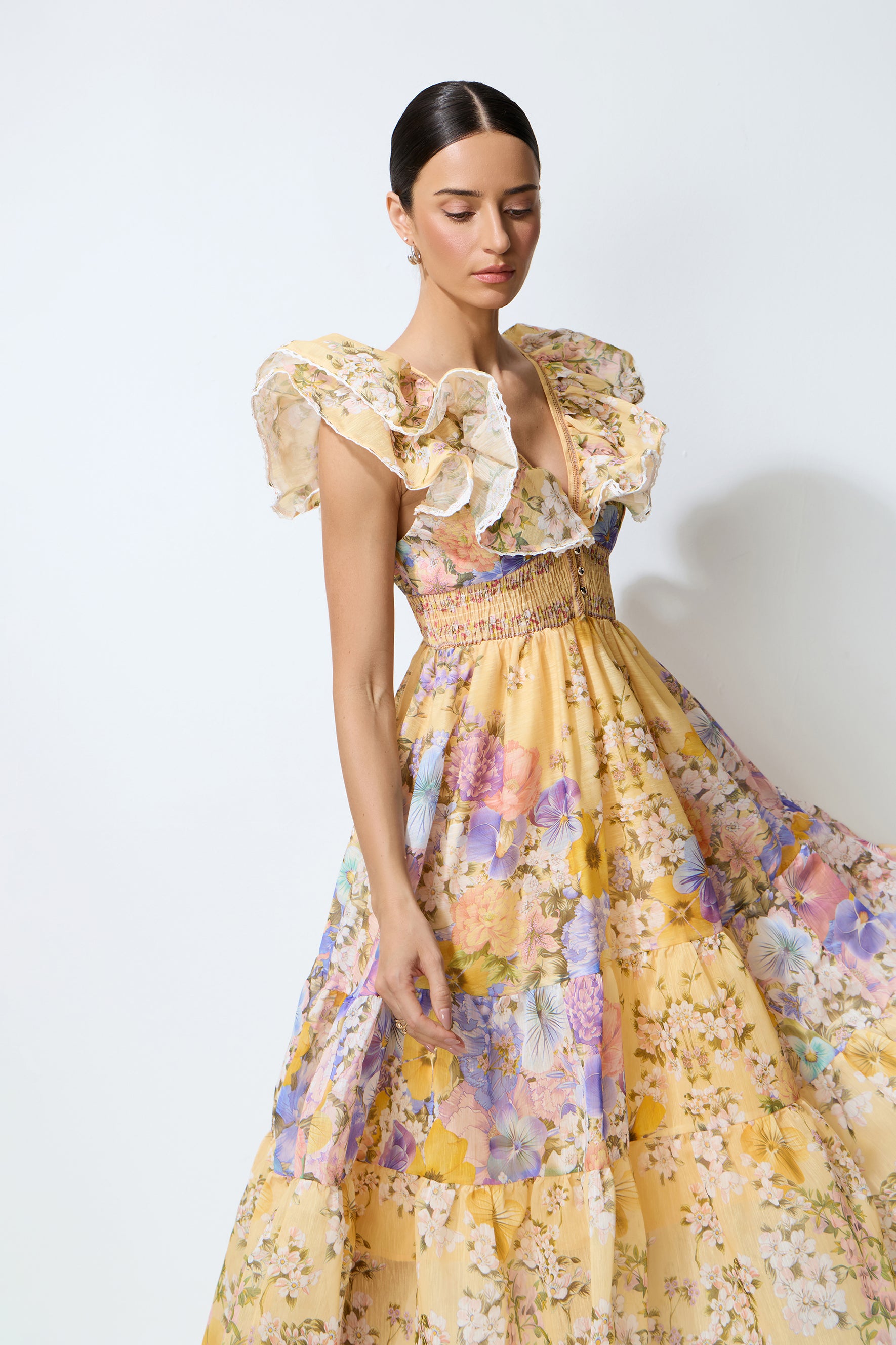 Keep The Feeling Yellow Floral V-Neck Ruffled Midi Dress