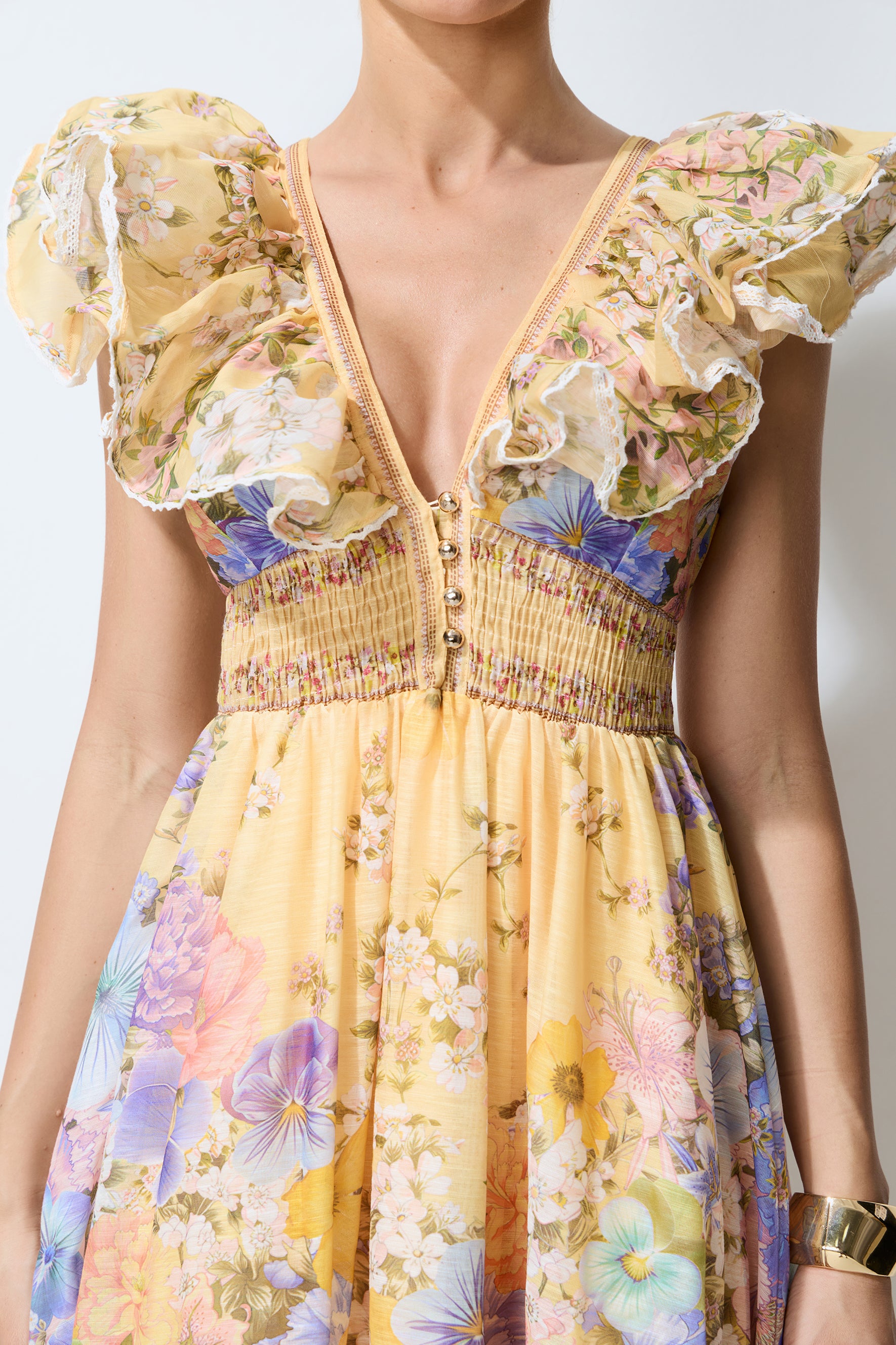 Keep The Feeling Yellow Floral V-Neck Ruffled Midi Dress