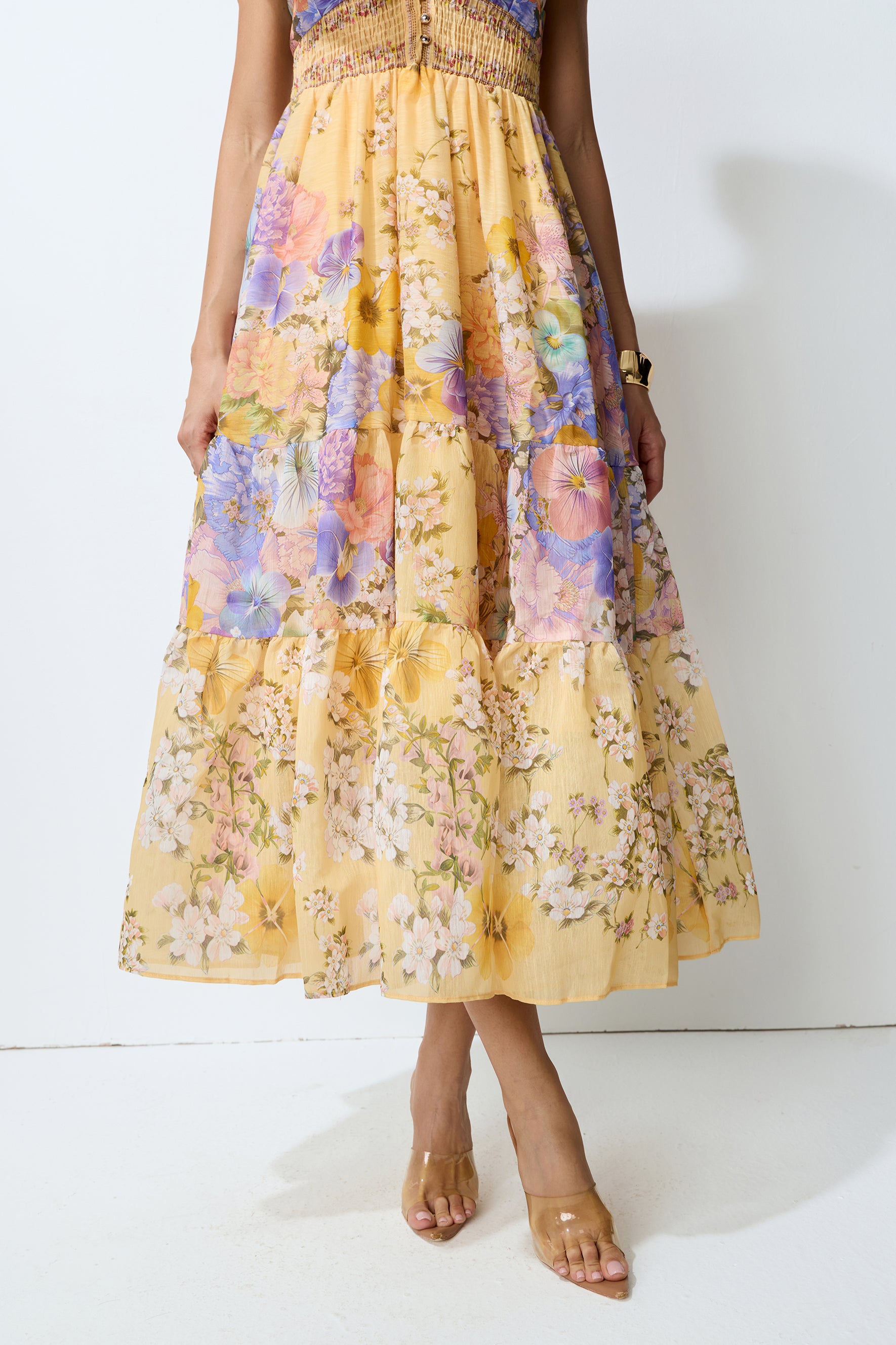 Keep The Feeling Yellow Floral V-Neck Ruffled Midi Dress