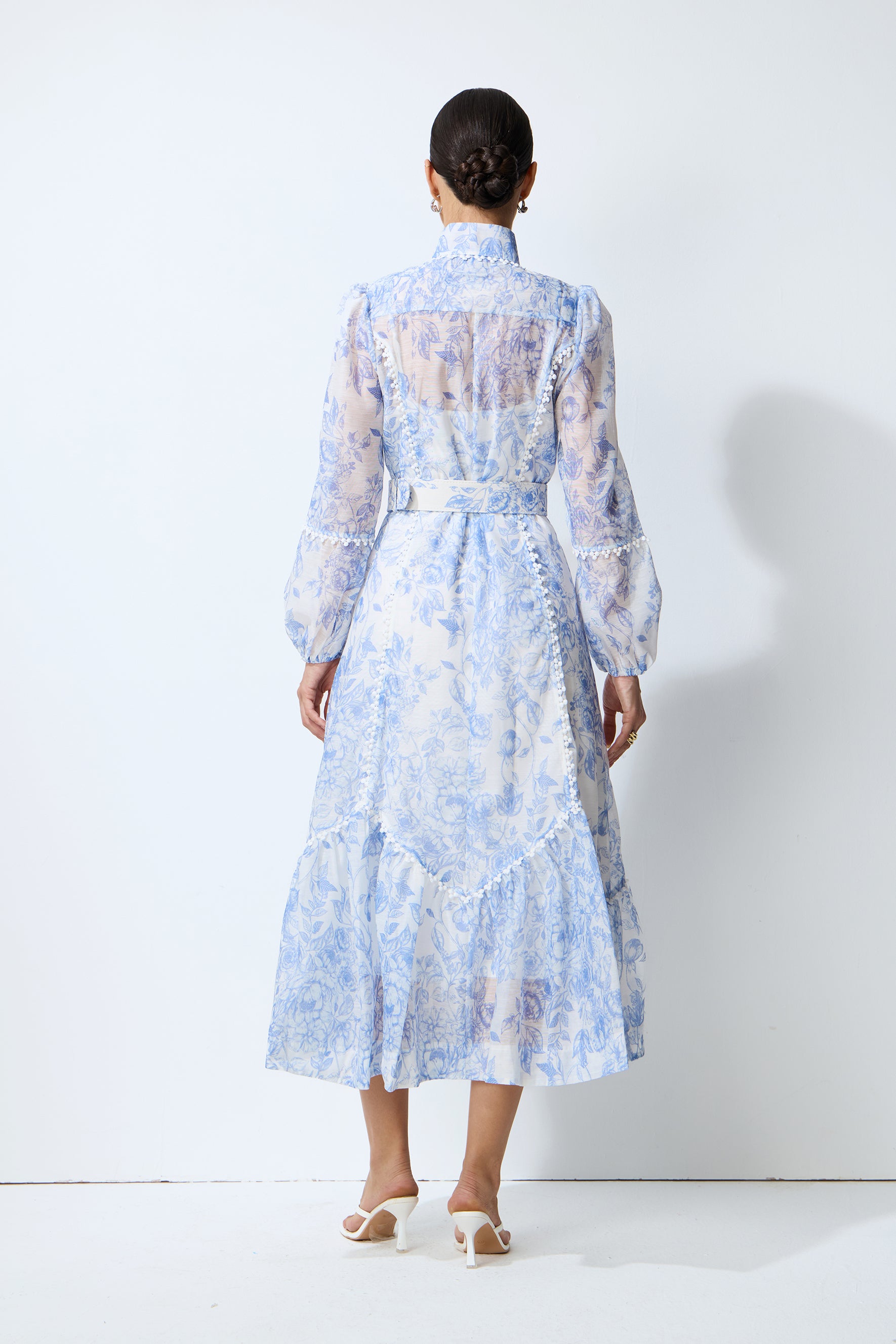 Soft Dream Hours Blue Floral Print Balloon Sleeve Midi Dress