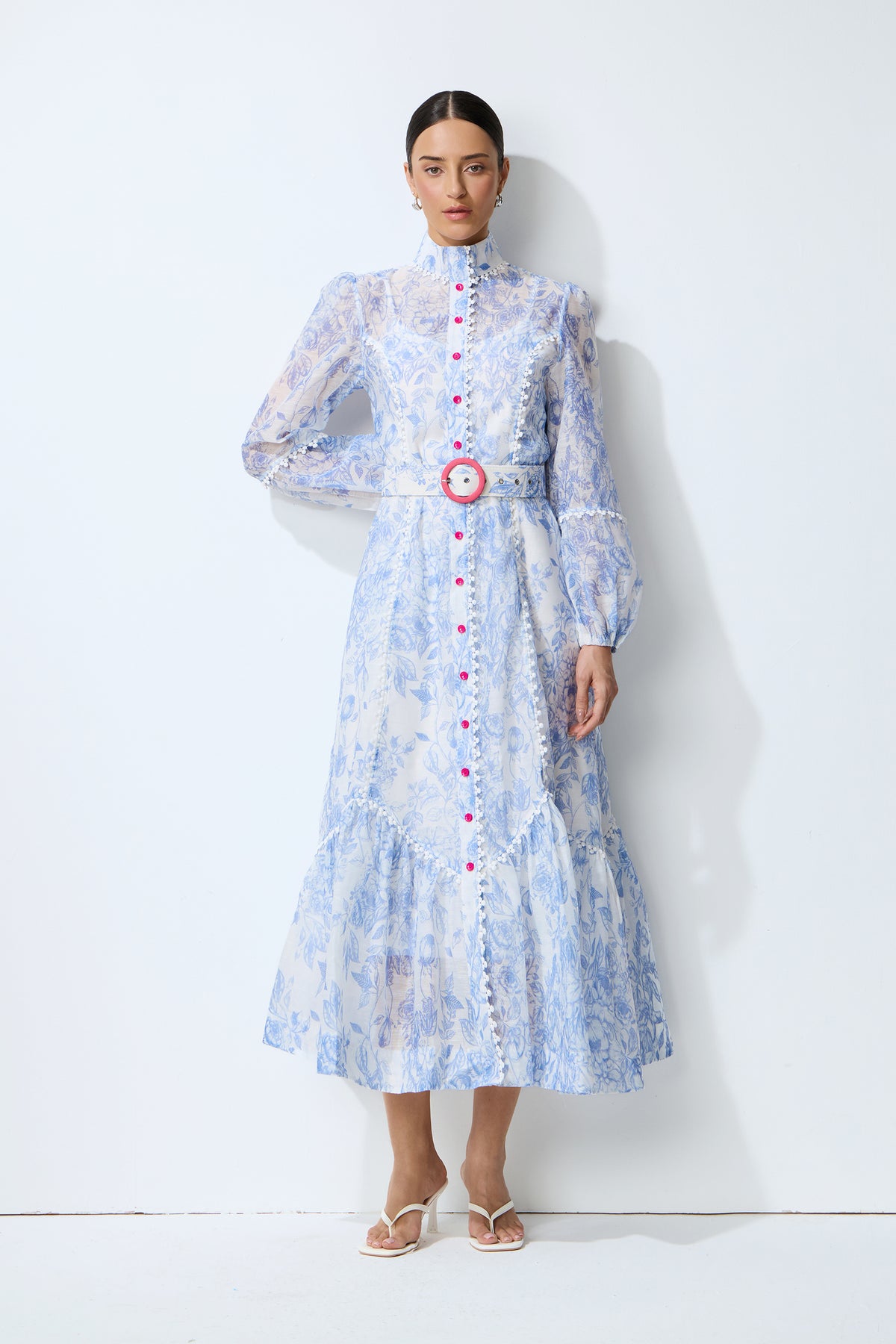Soft Dream Hours Blue Floral Print Balloon Sleeve Midi Dress