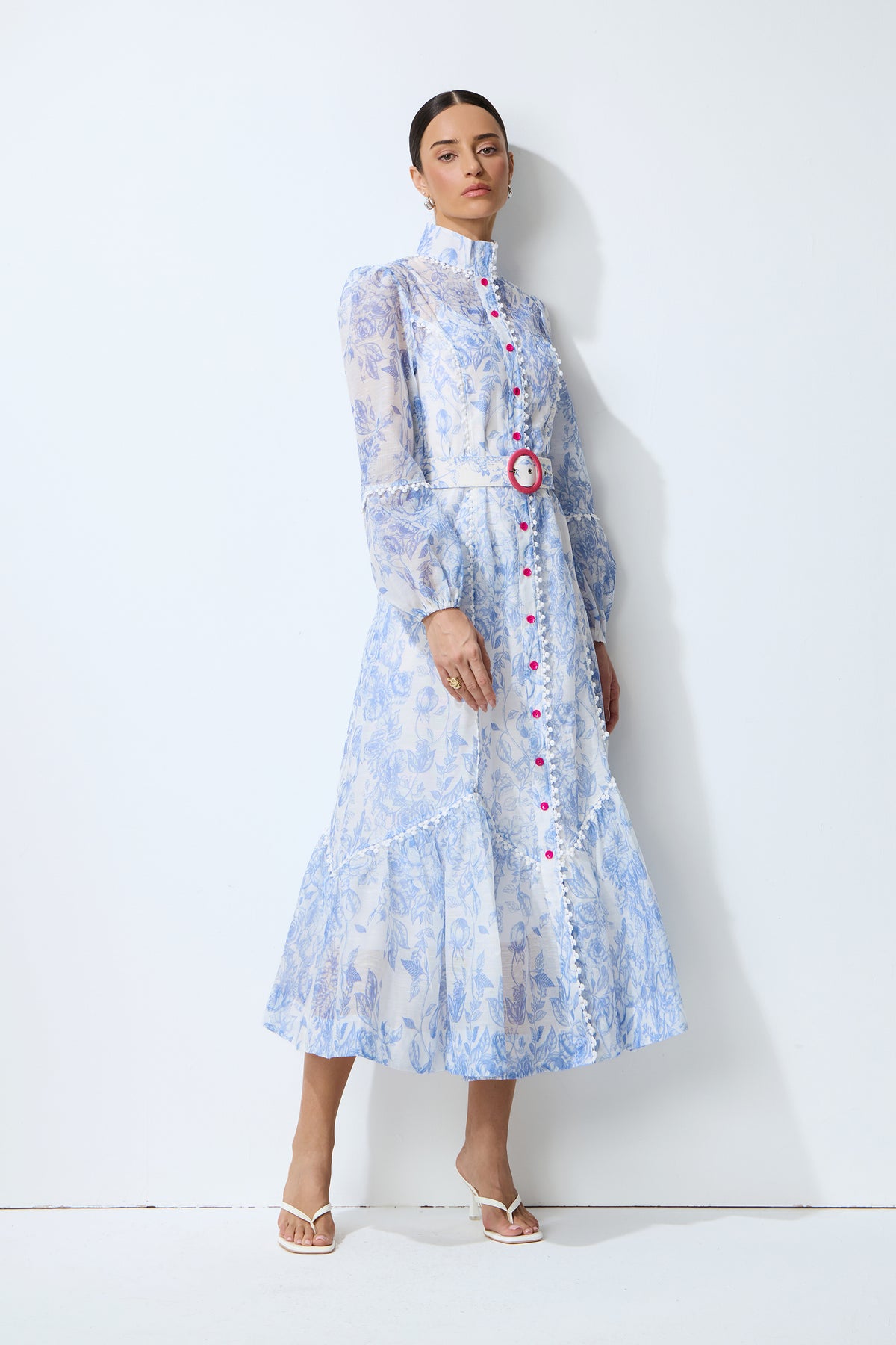 Soft Dream Hours Blue Floral Print Balloon Sleeve Midi Dress