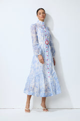Soft Dream Hours Blue Floral Print Balloon Sleeve Midi Dress