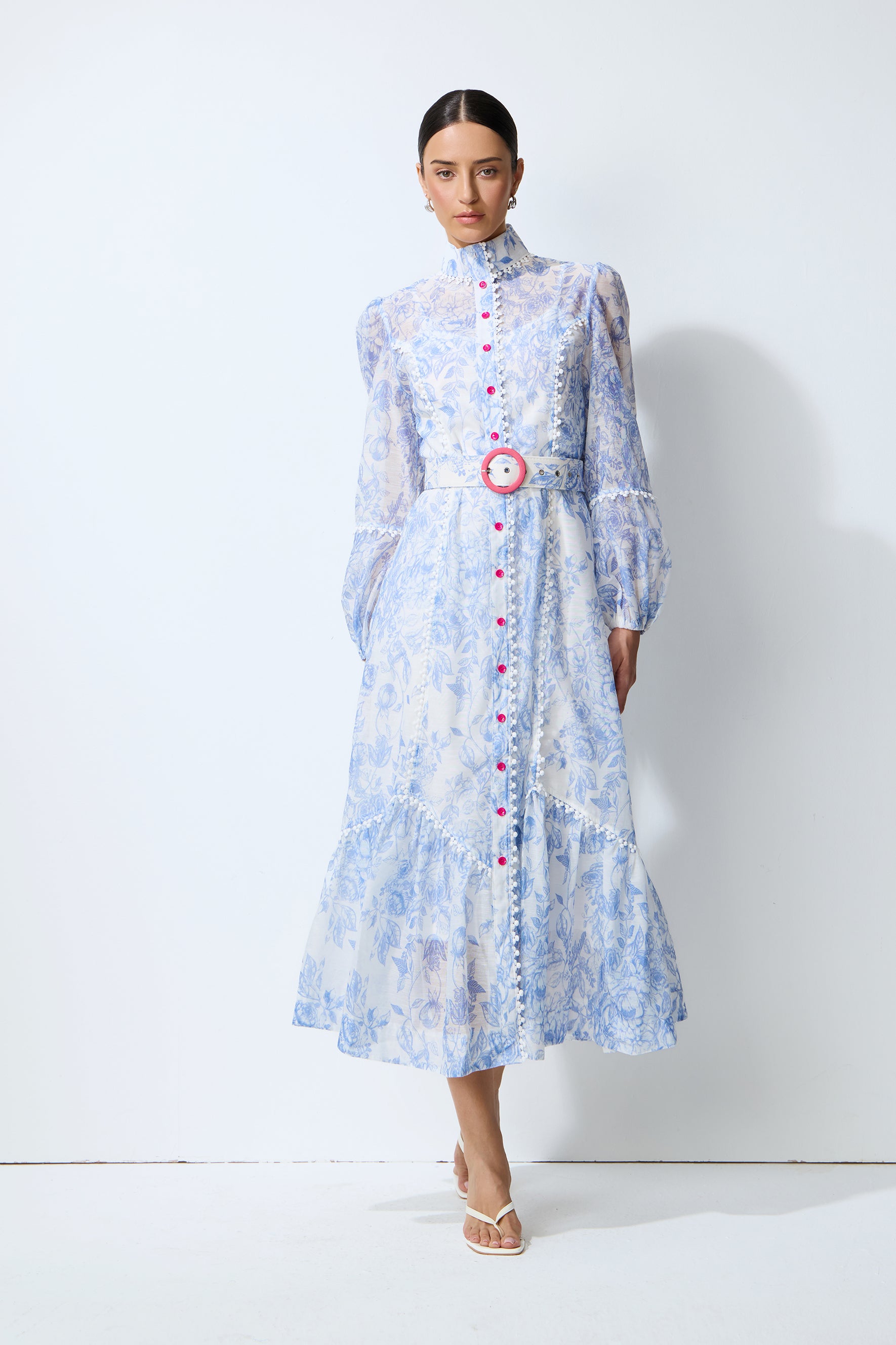 Soft Dream Hours Blue Floral Print Balloon Sleeve Midi Dress